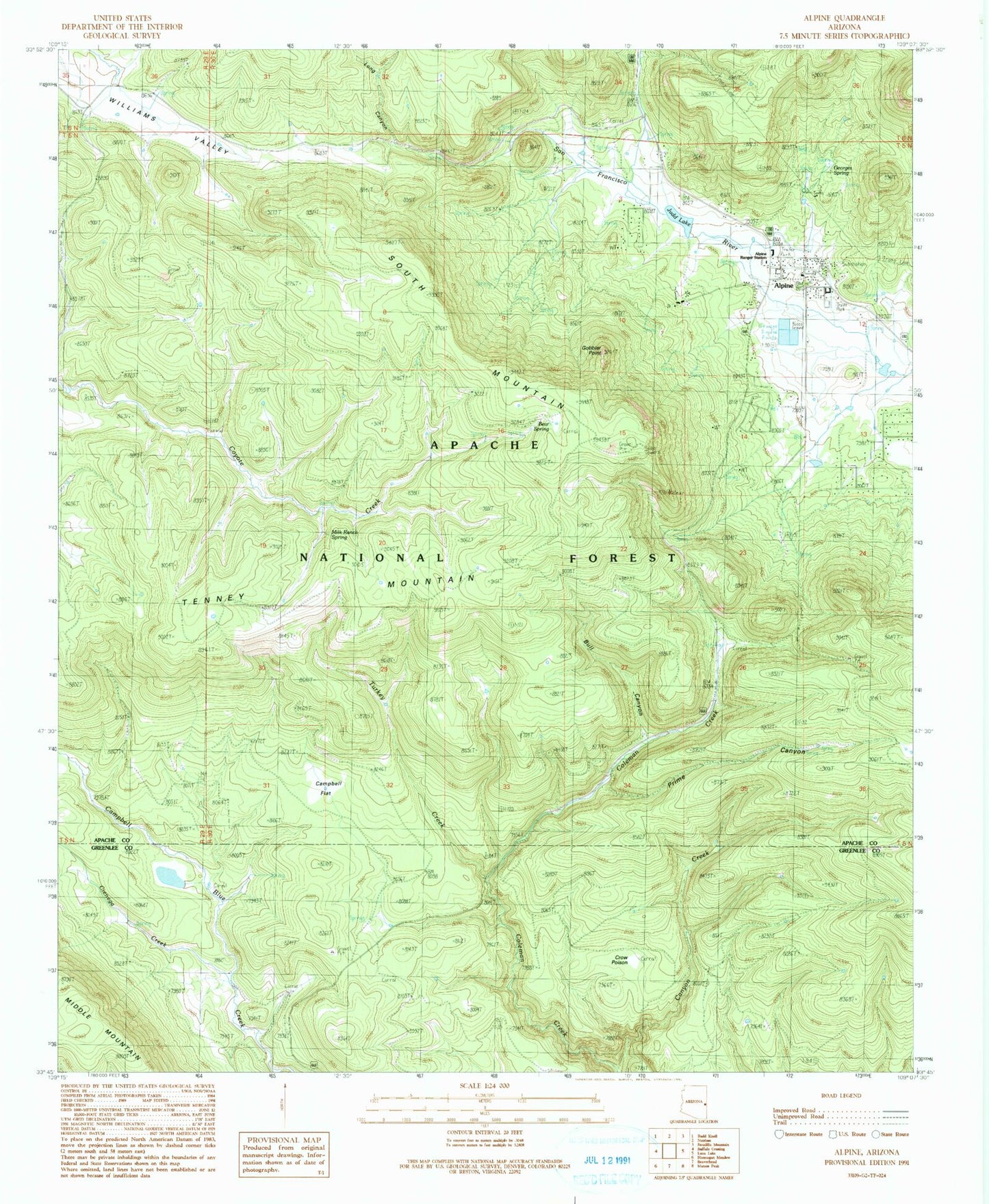 Classic USGS Alpine Arizona 7.5'x7.5' Topo Map Image