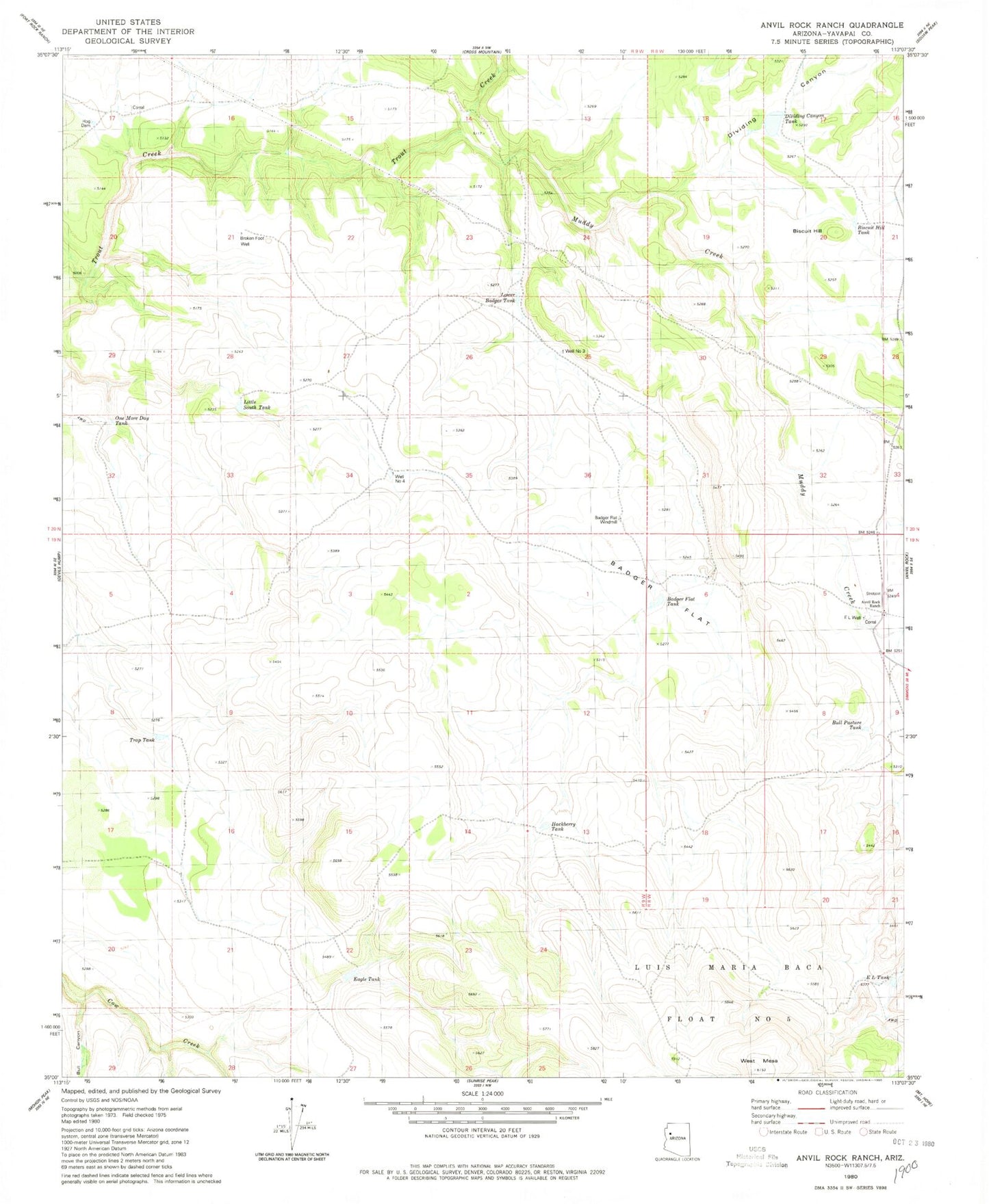 Classic USGS Anvil Rock Ranch Arizona 7.5'x7.5' Topo Map Image