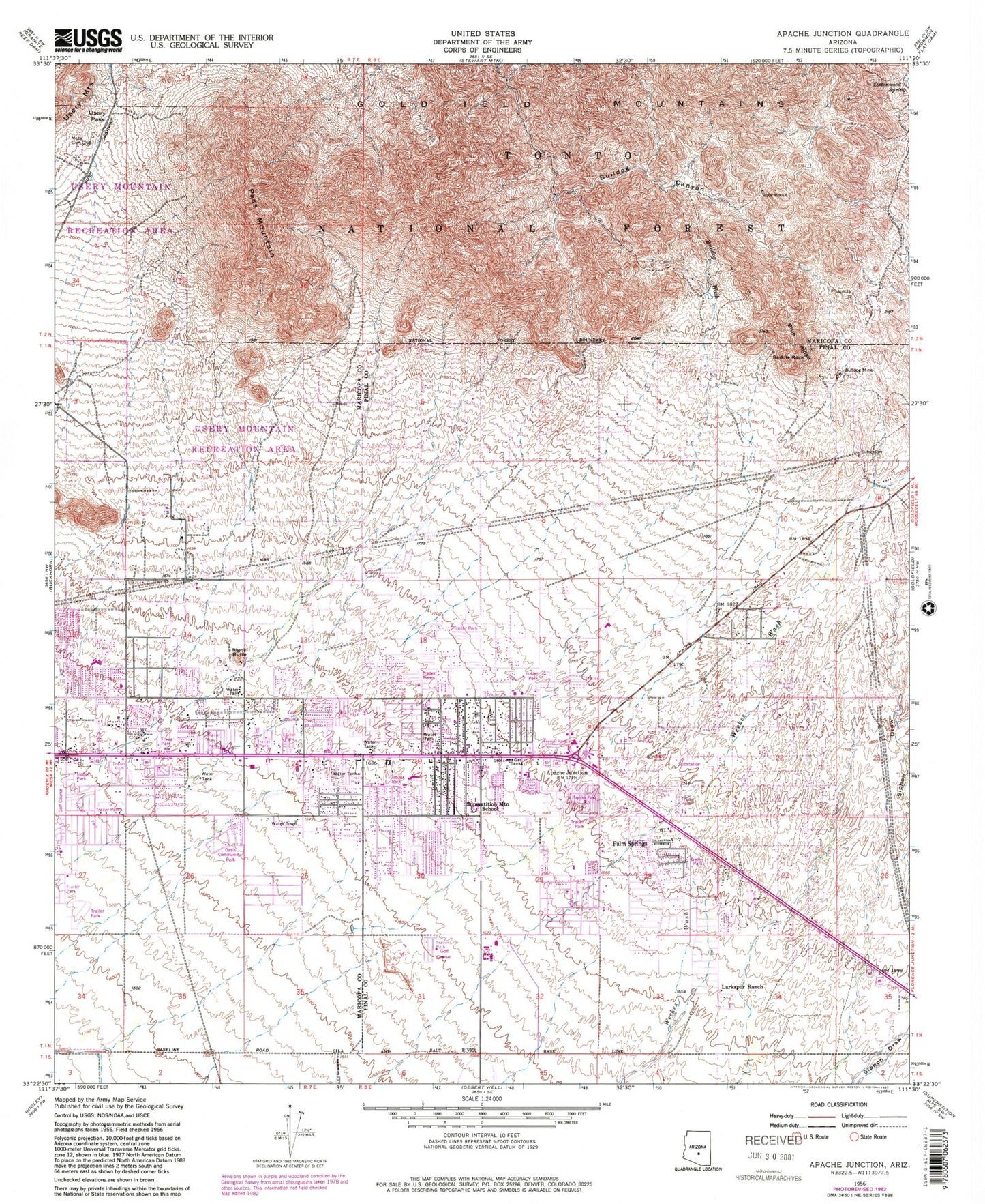 Classic USGS Apache Junction Arizona 7.5'x7.5' Topo Map Image