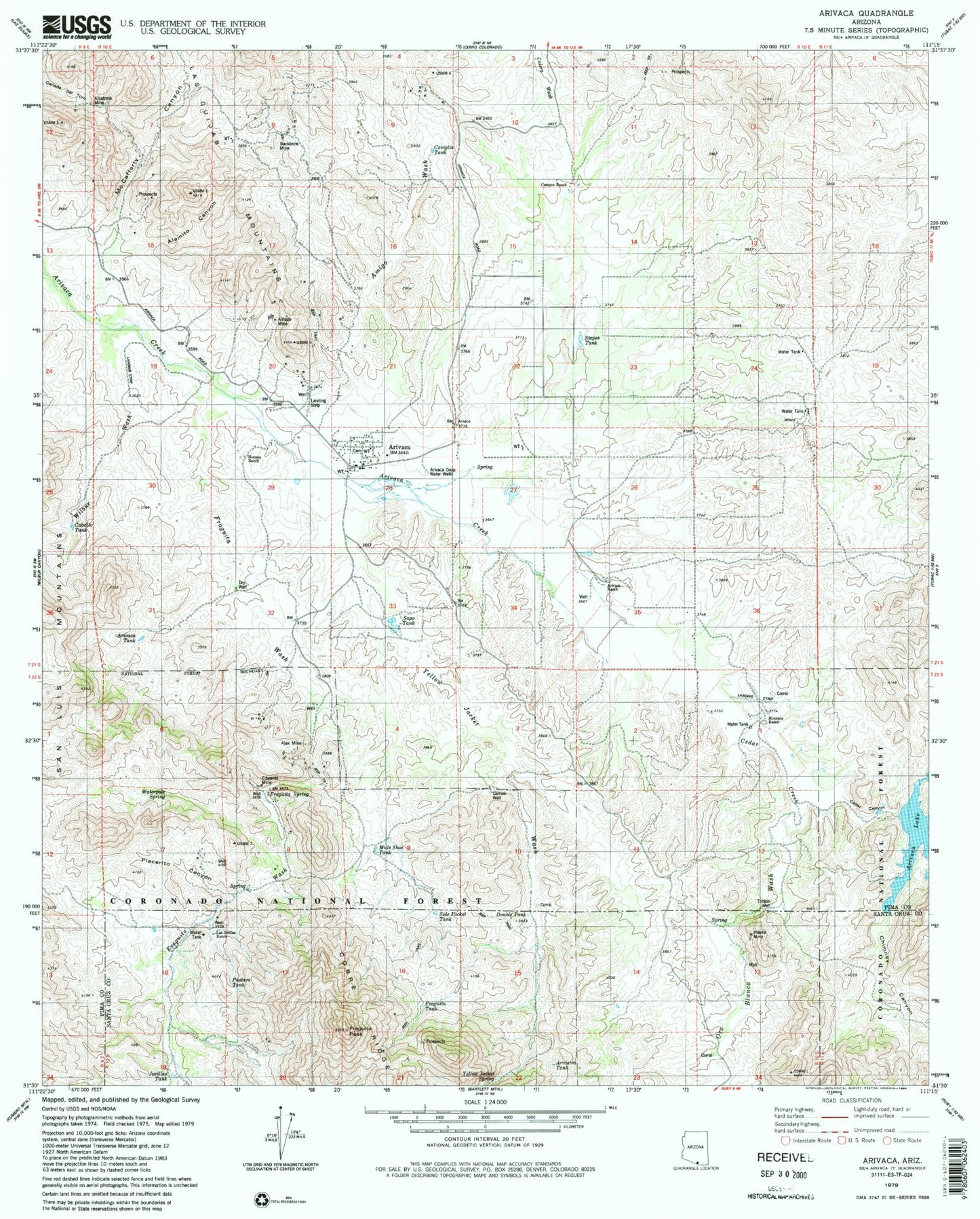 Classic USGS Arivaca Arizona 7.5'x7.5' Topo Map Image