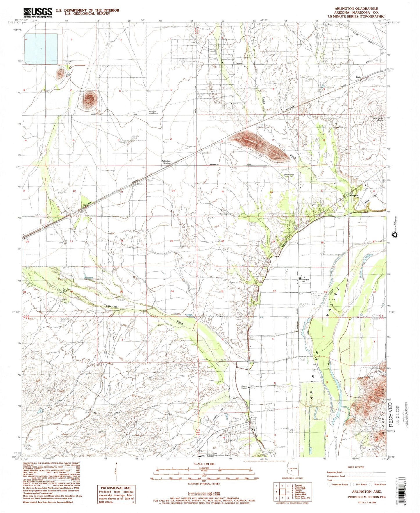 Classic USGS Arlington Arizona 7.5'x7.5' Topo Map Image
