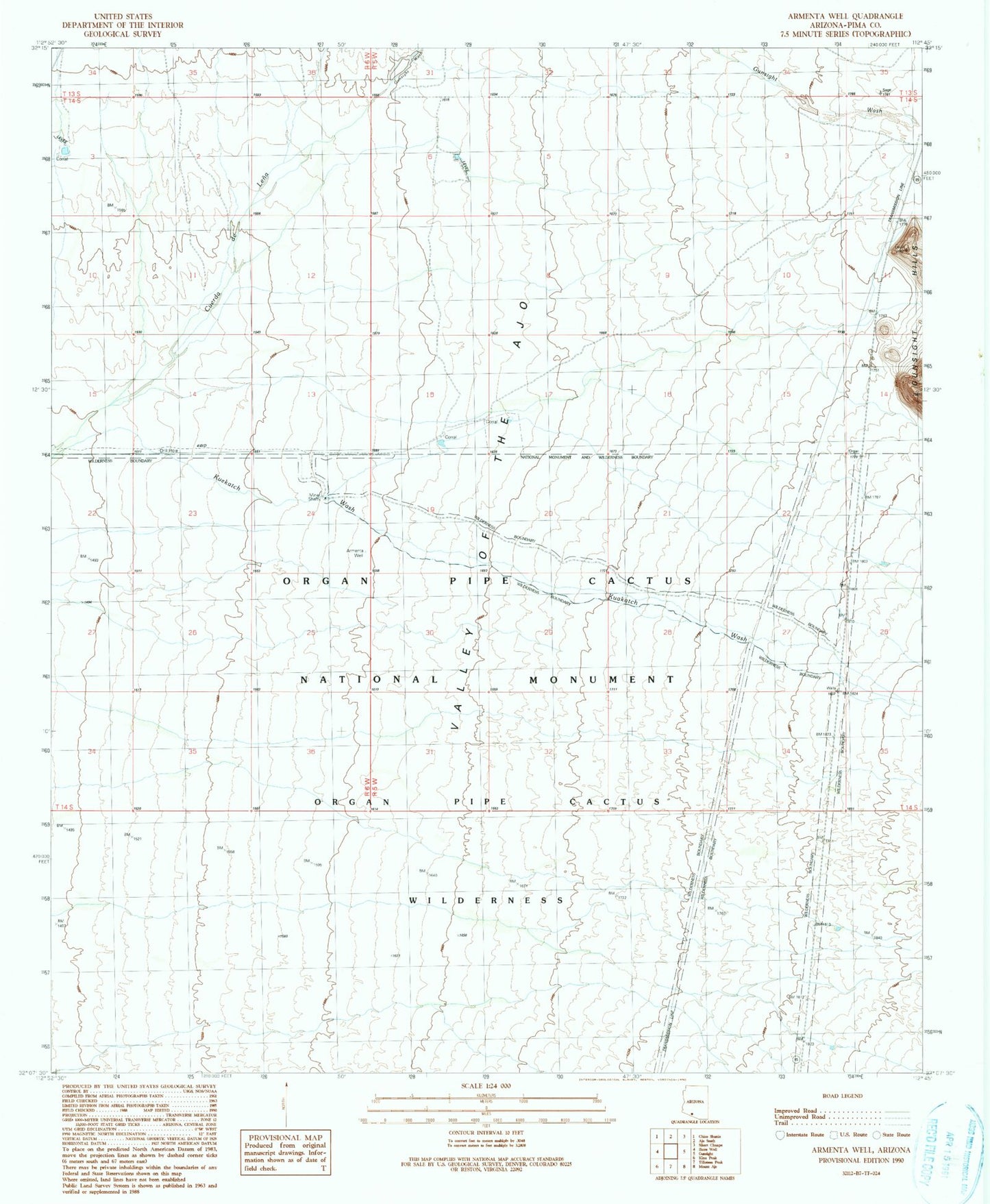 Classic USGS Armenta Well Arizona 7.5'x7.5' Topo Map Image