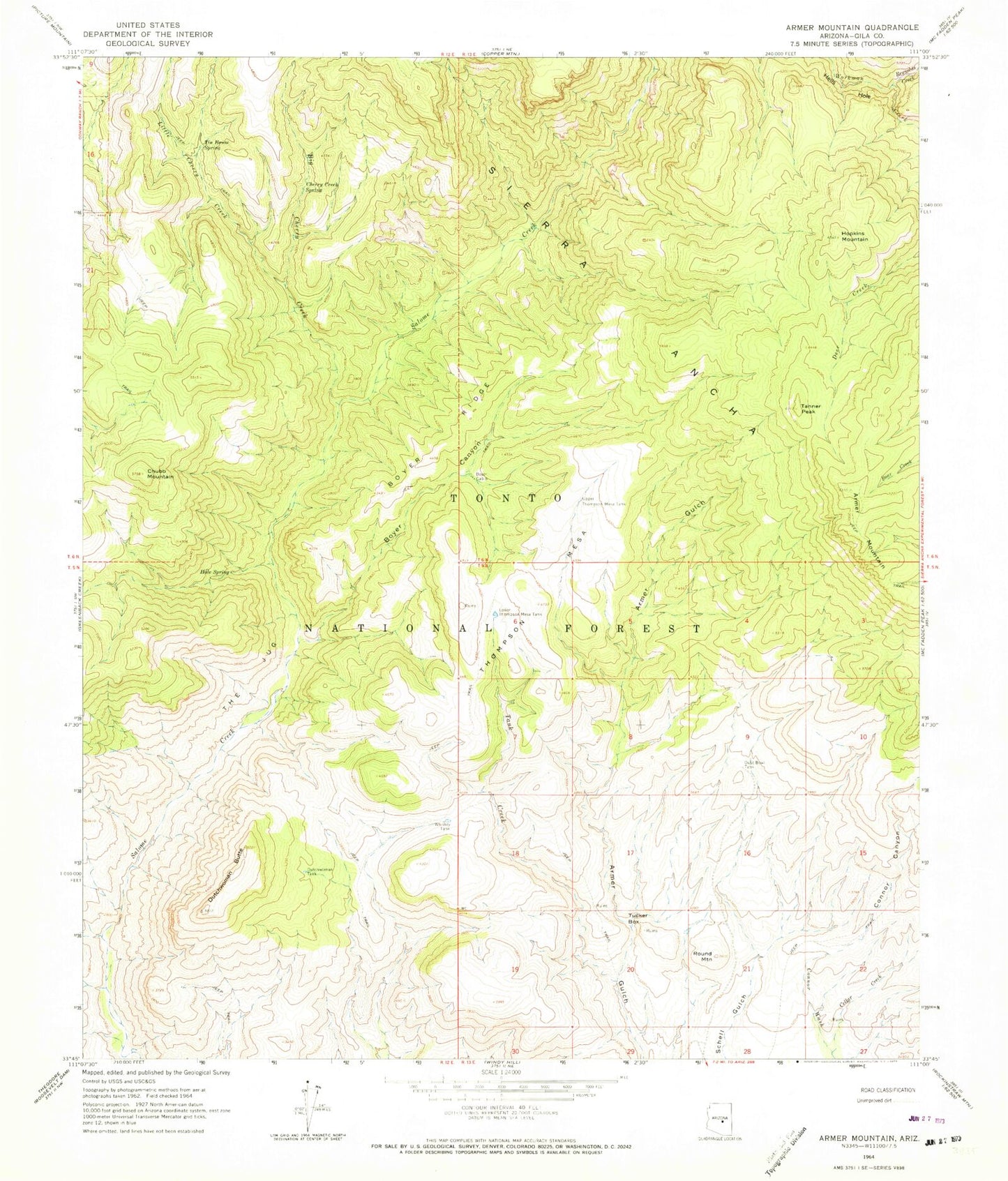 Classic USGS Armer Mountain Arizona 7.5'x7.5' Topo Map Image