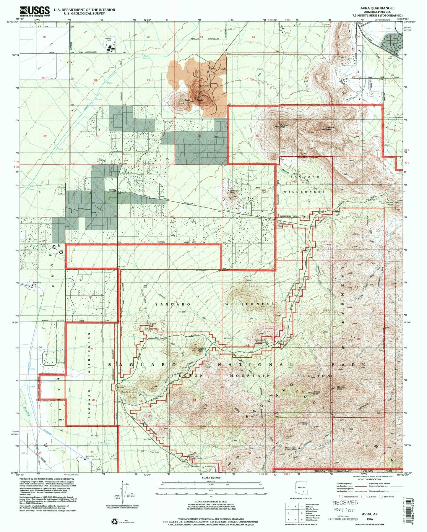 Classic USGS Avra Arizona 7.5'x7.5' Topo Map Image
