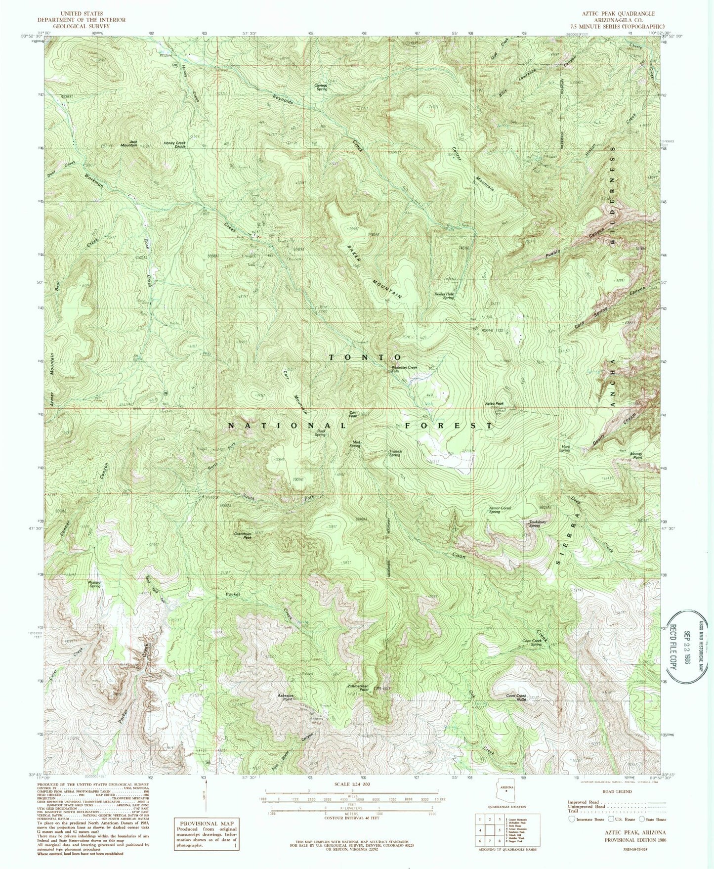 Classic USGS Aztec Peak Arizona 7.5'x7.5' Topo Map Image