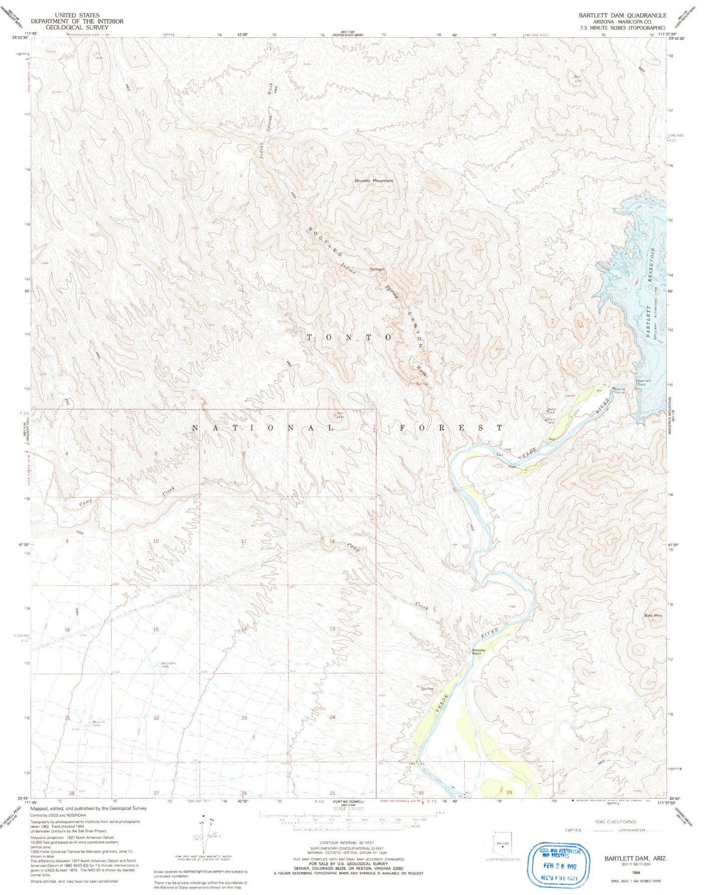 Classic USGS Bartlett Dam Arizona 7.5'x7.5' Topo Map Image