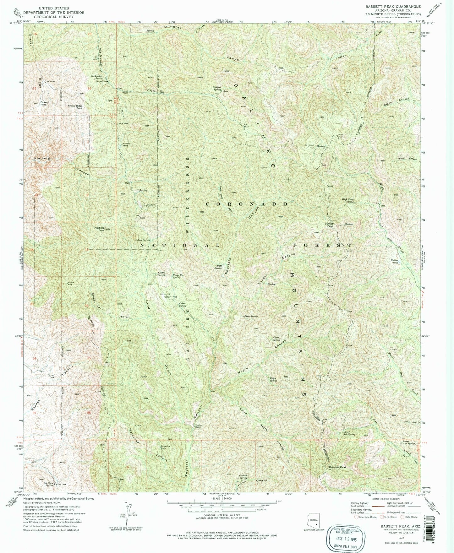 Classic USGS Bassett Peak Arizona 7.5'x7.5' Topo Map Image
