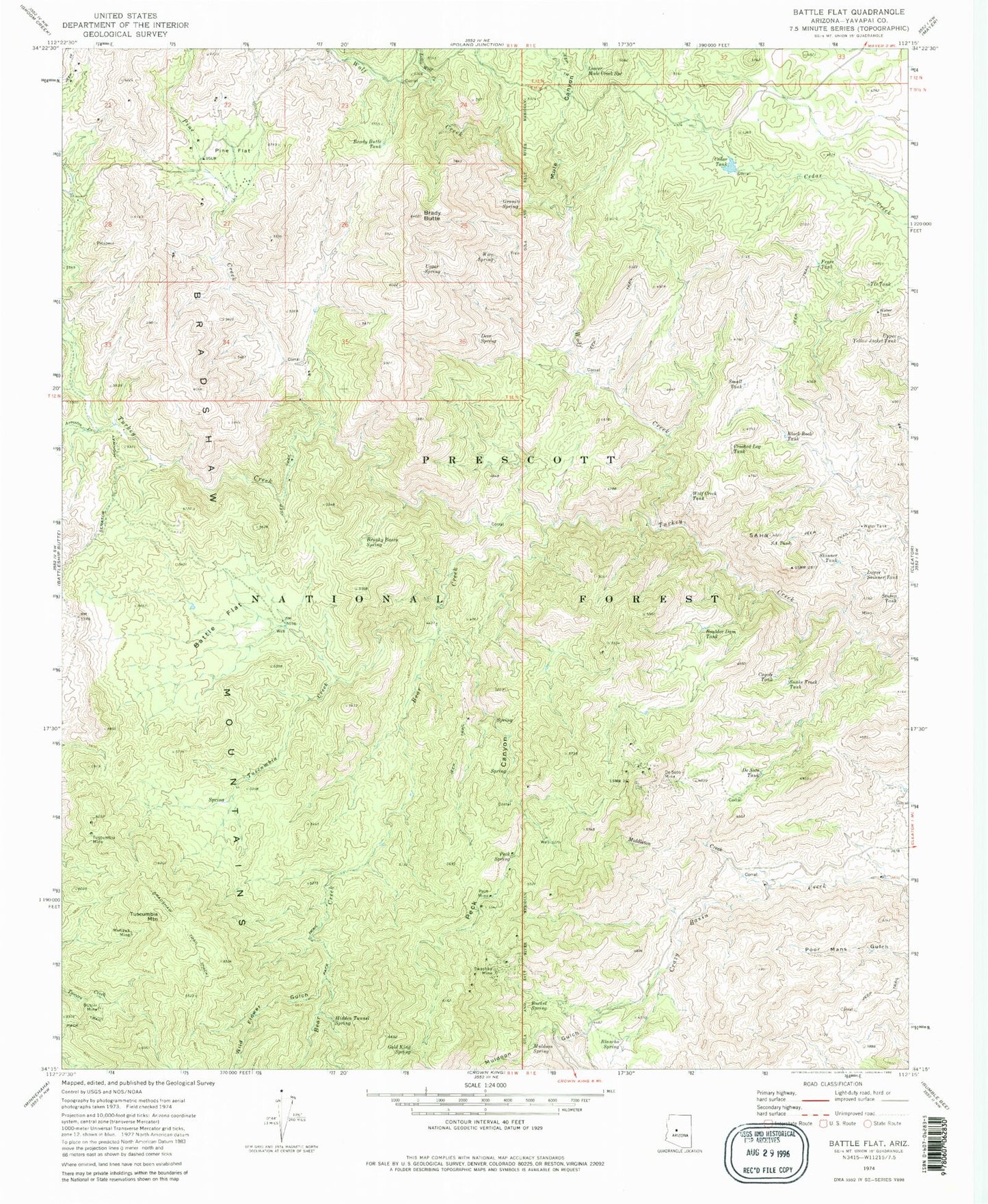 Classic USGS Battle Flat Arizona 7.5'x7.5' Topo Map Image