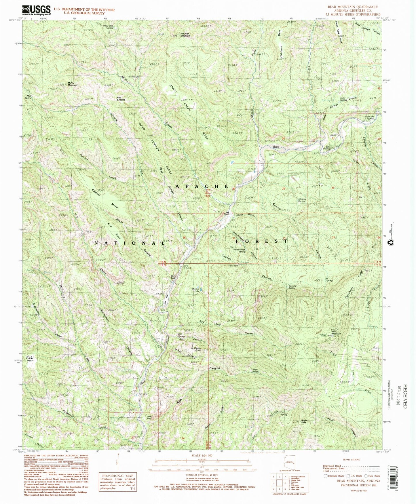 Classic USGS Bear Mountain Arizona 7.5'x7.5' Topo Map Image