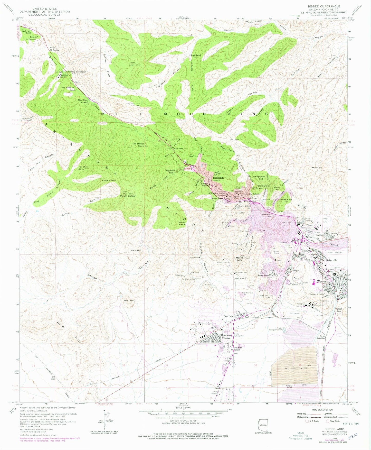 Classic USGS Bisbee Arizona 7.5'x7.5' Topo Map Image