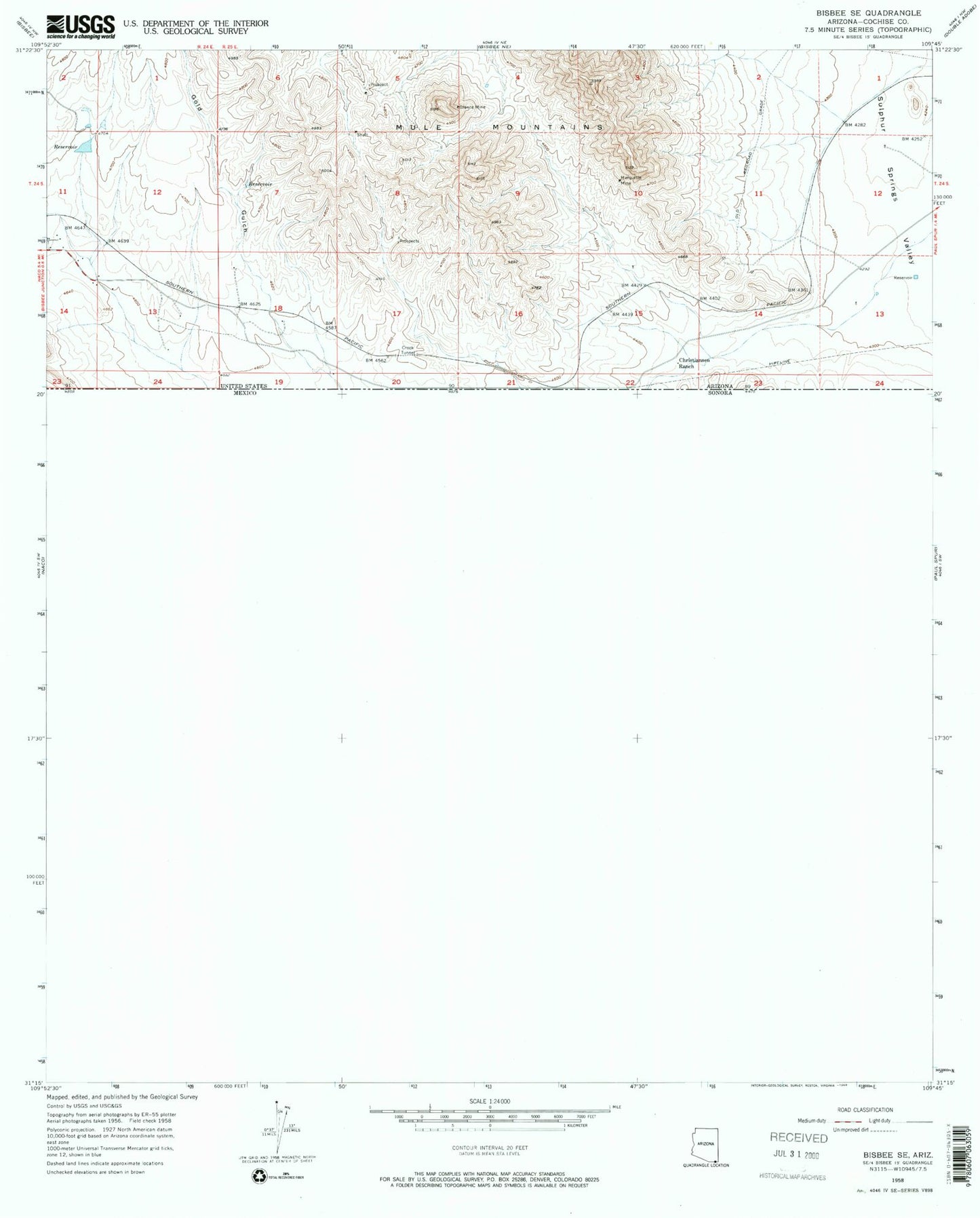Classic USGS Bisbee SE Arizona 7.5'x7.5' Topo Map Image