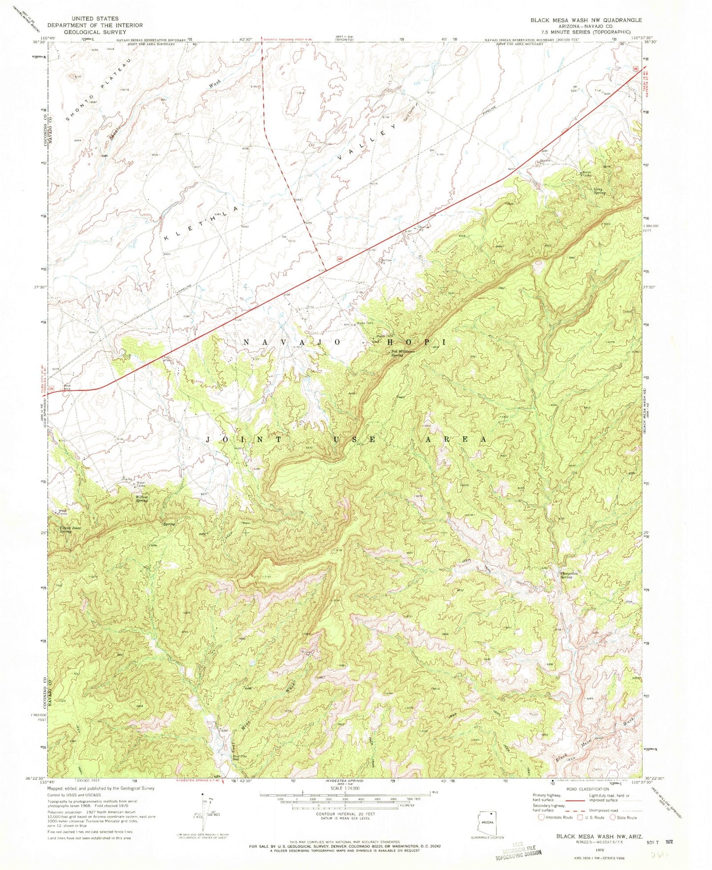 Classic USGS Black Mesa Wash NW Arizona 7.5'x7.5' Topo Map Image