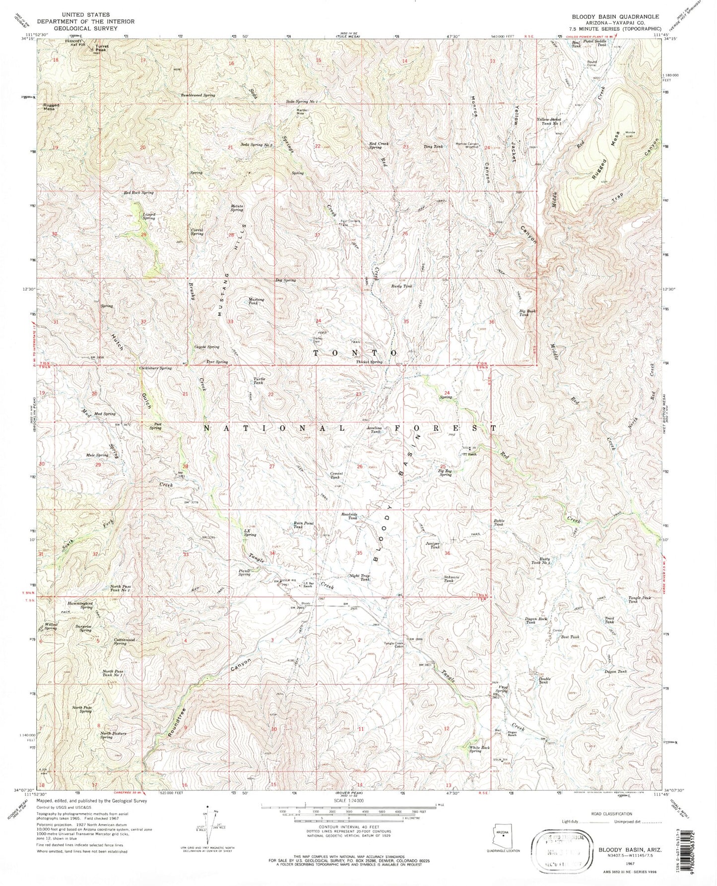 Classic USGS Bloody Basin Arizona 7.5'x7.5' Topo Map Image