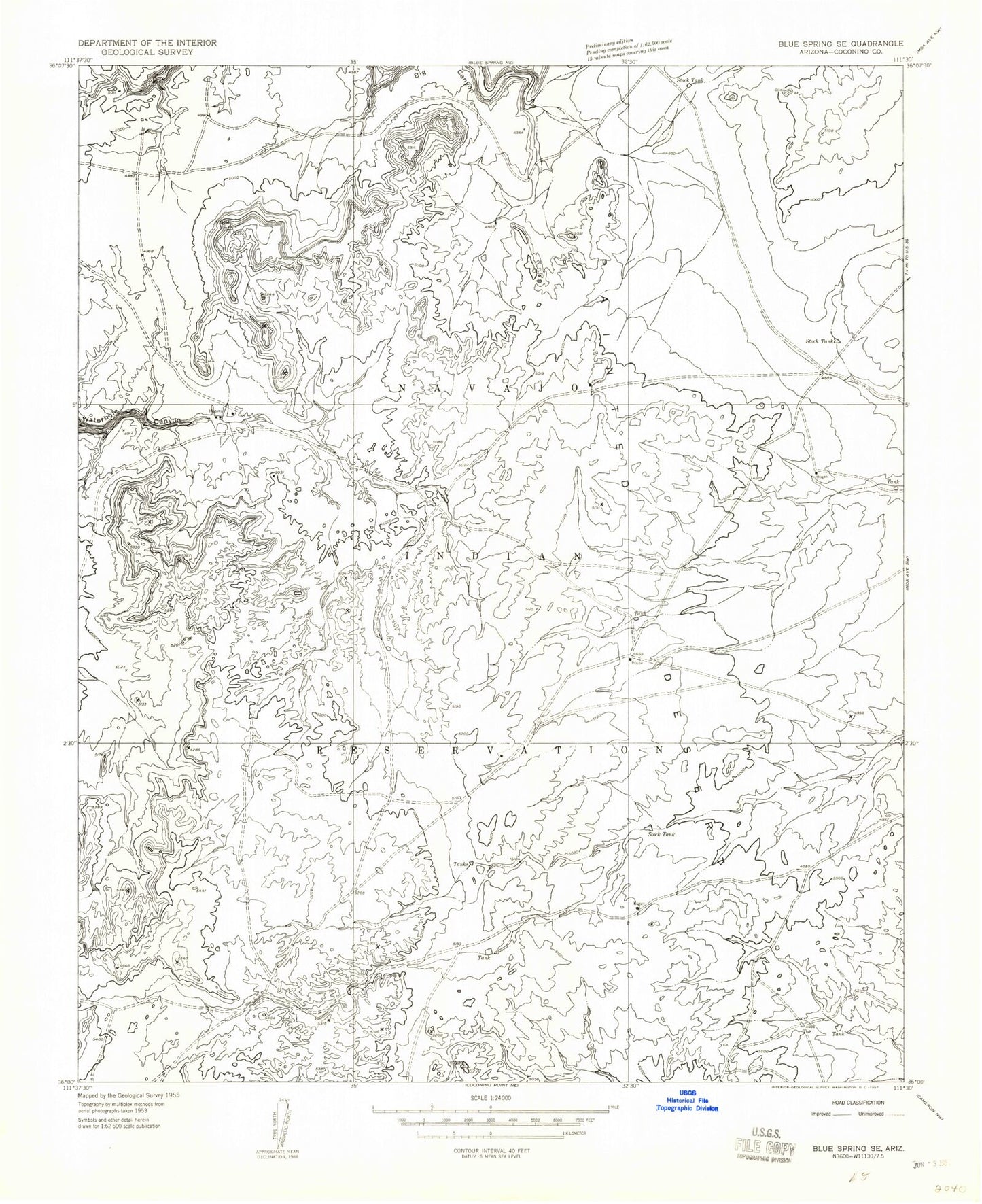 Classic USGS Blue Spring SE Arizona 7.5'x7.5' Topo Map Image