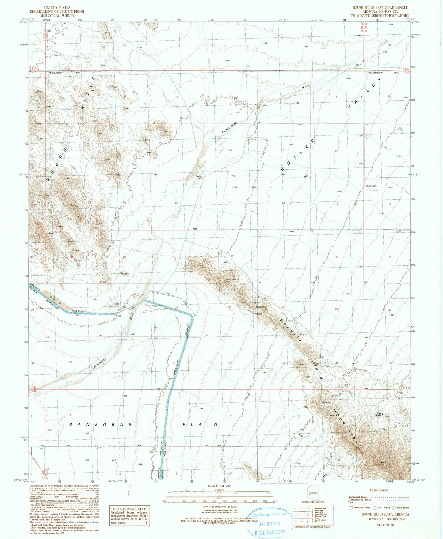 Classic USGS Bouse Hills East Arizona 7.5'x7.5' Topo Map Image