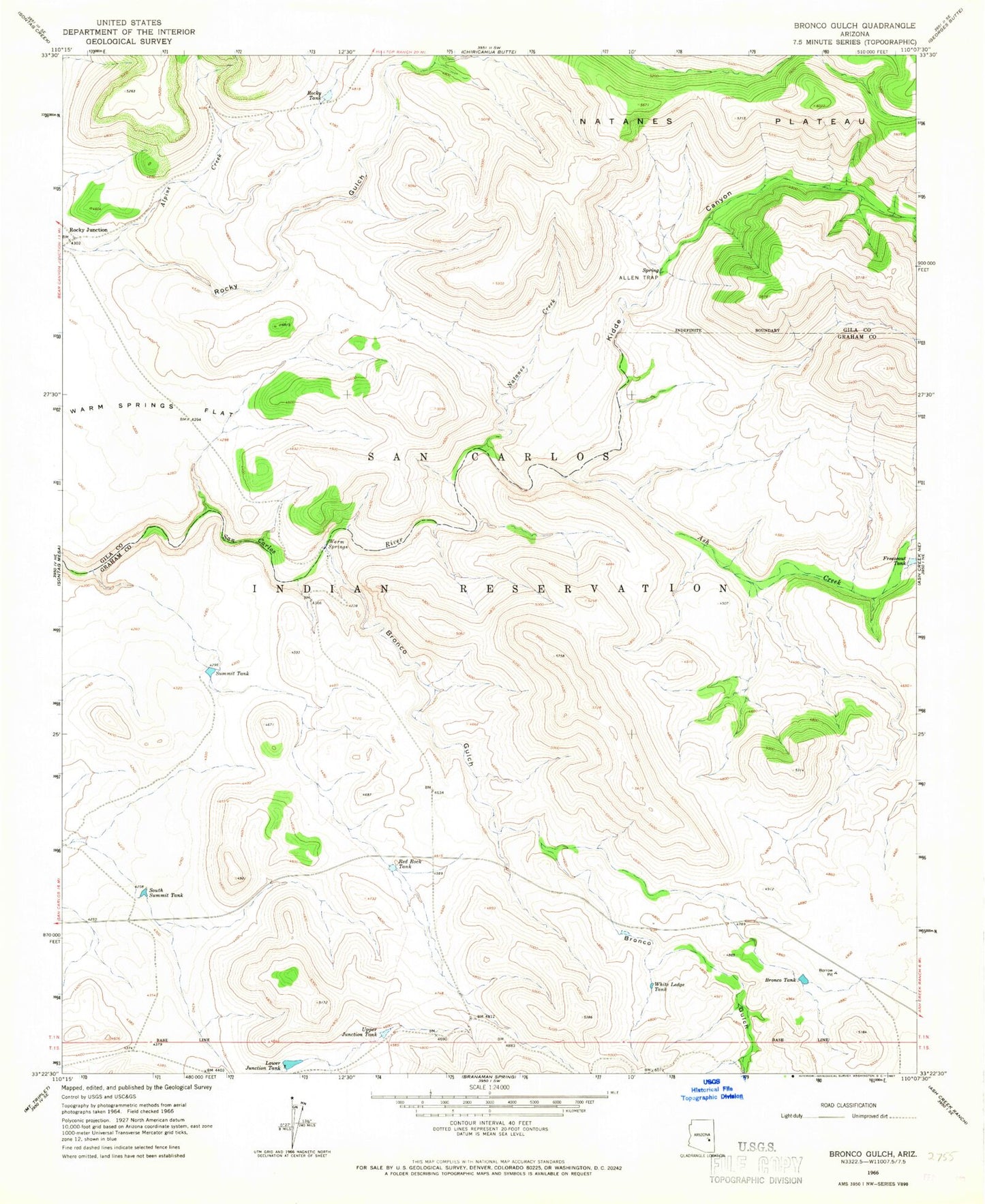 Classic USGS Bronco Gulch Arizona 7.5'x7.5' Topo Map Image