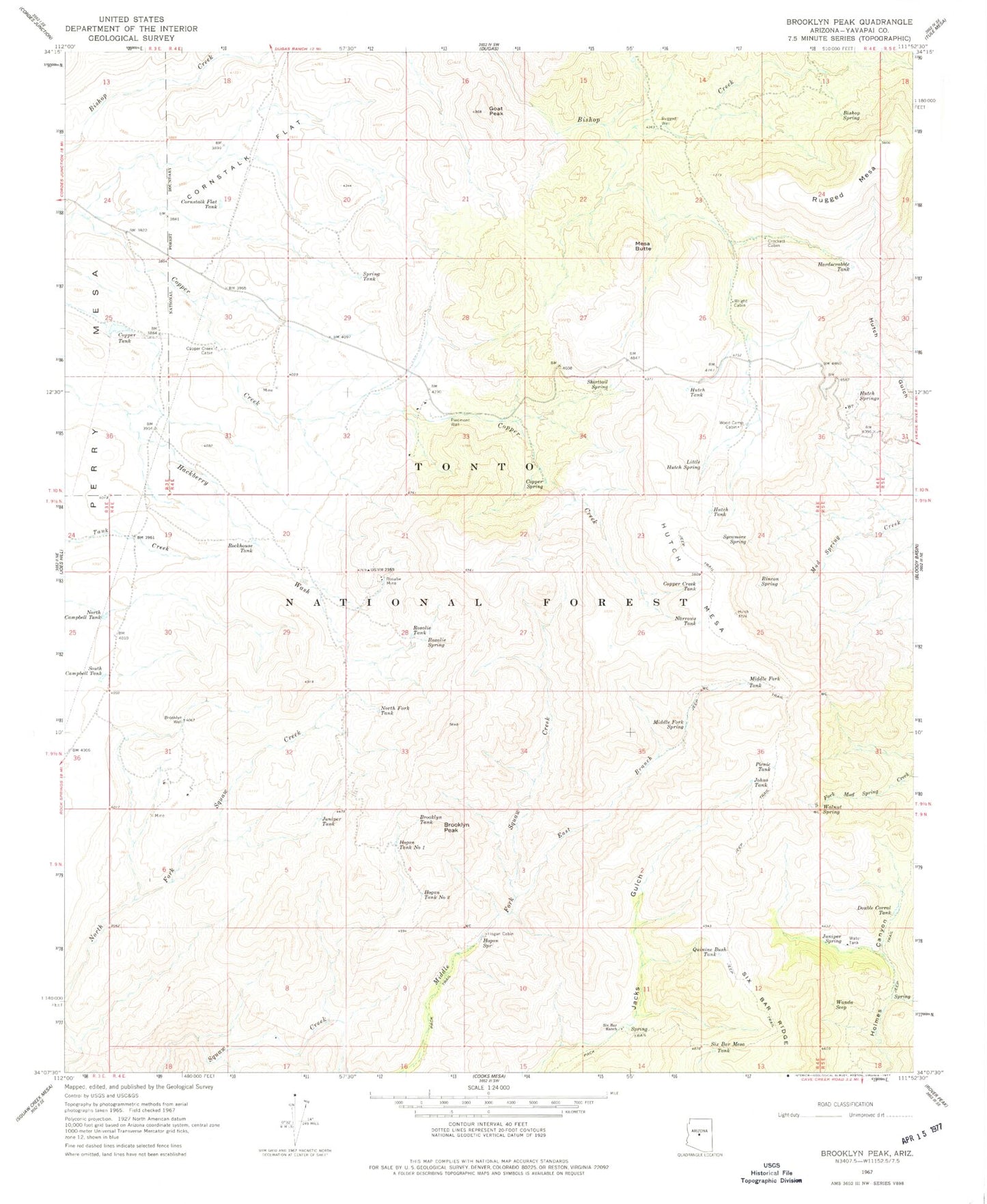 Classic USGS Brooklyn Peak Arizona 7.5'x7.5' Topo Map Image