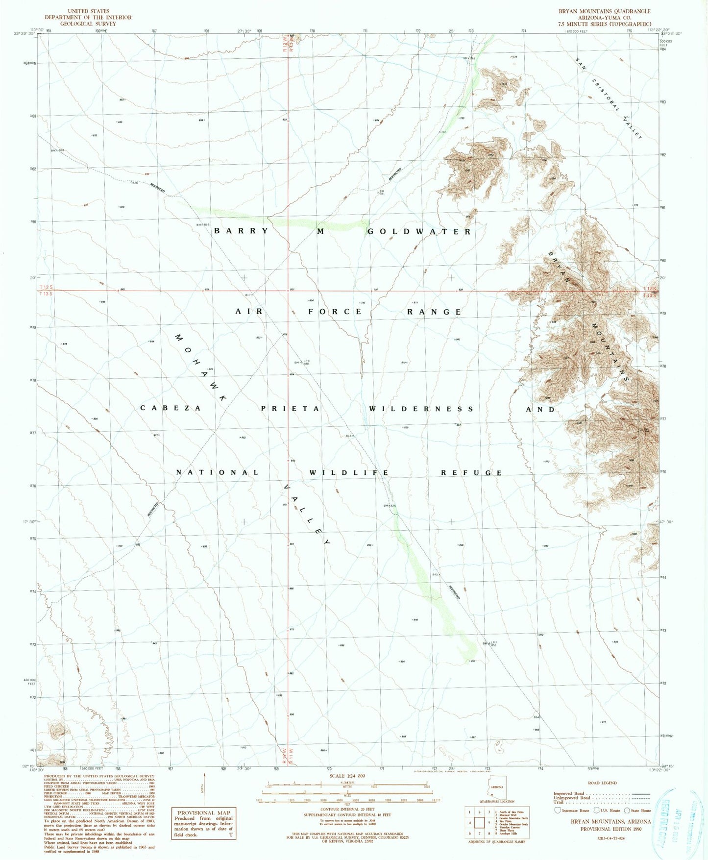 Classic USGS Bryan Mountains Arizona 7.5'x7.5' Topo Map Image