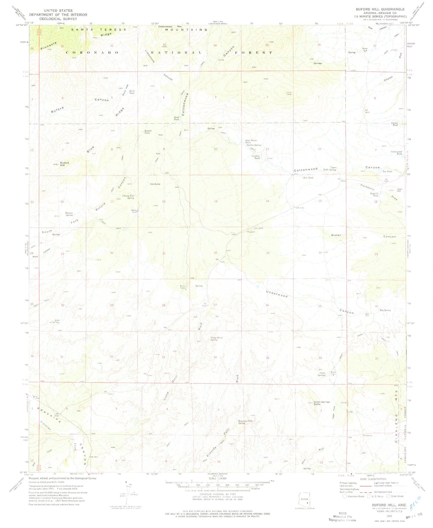 Classic USGS Buford Hill Arizona 7.5'x7.5' Topo Map Image
