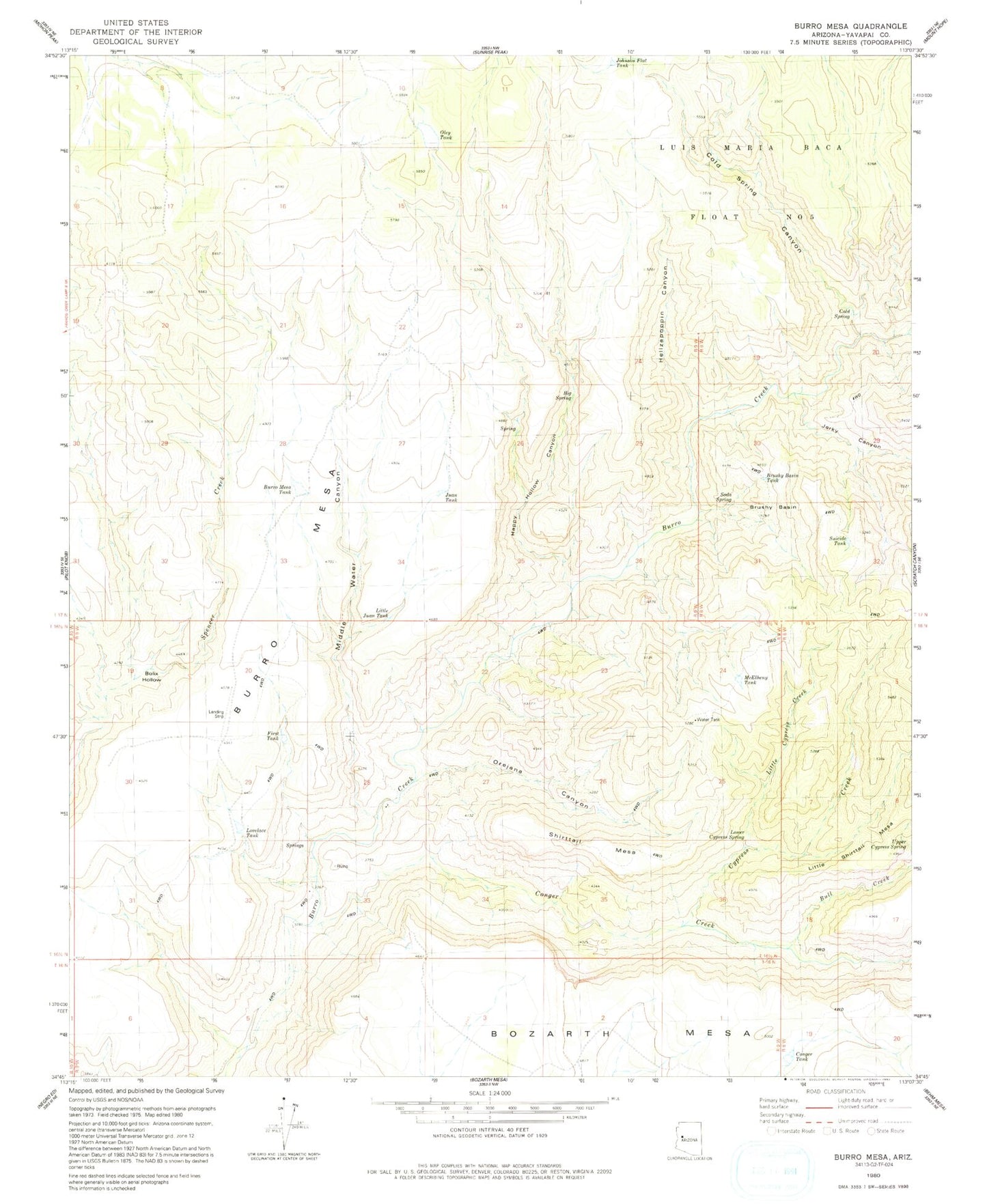Classic USGS Burro Mesa Arizona 7.5'x7.5' Topo Map Image