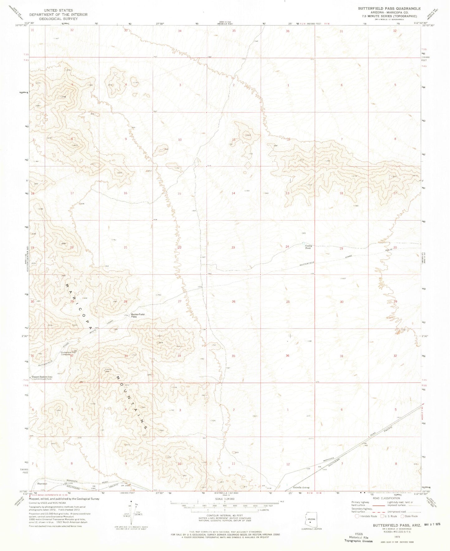 Classic USGS Butterfield Pass Arizona 7.5'x7.5' Topo Map Image