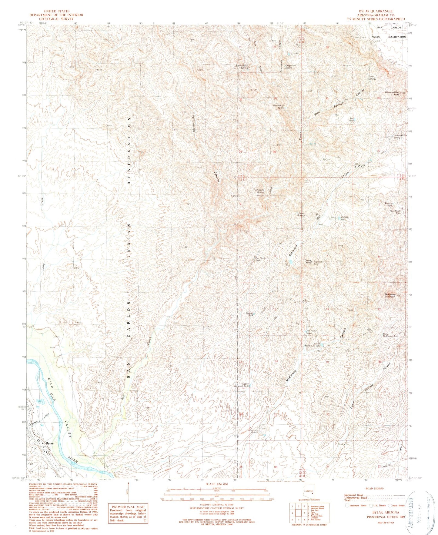Classic USGS Bylas Arizona 7.5'x7.5' Topo Map Image