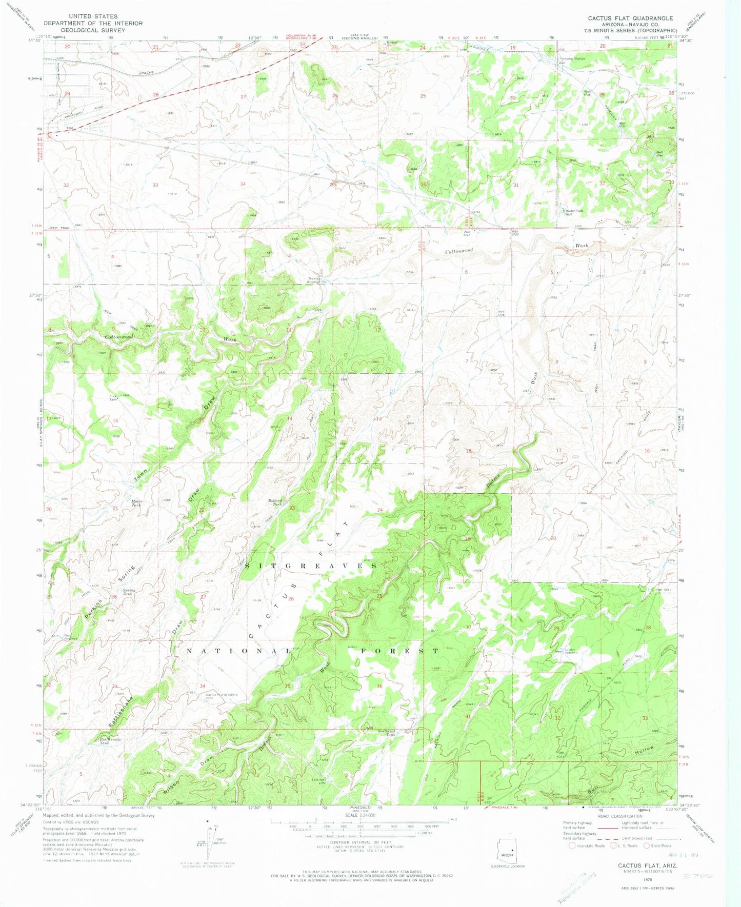 Classic USGS Cactus Flat Arizona 7.5'x7.5' Topo Map Image