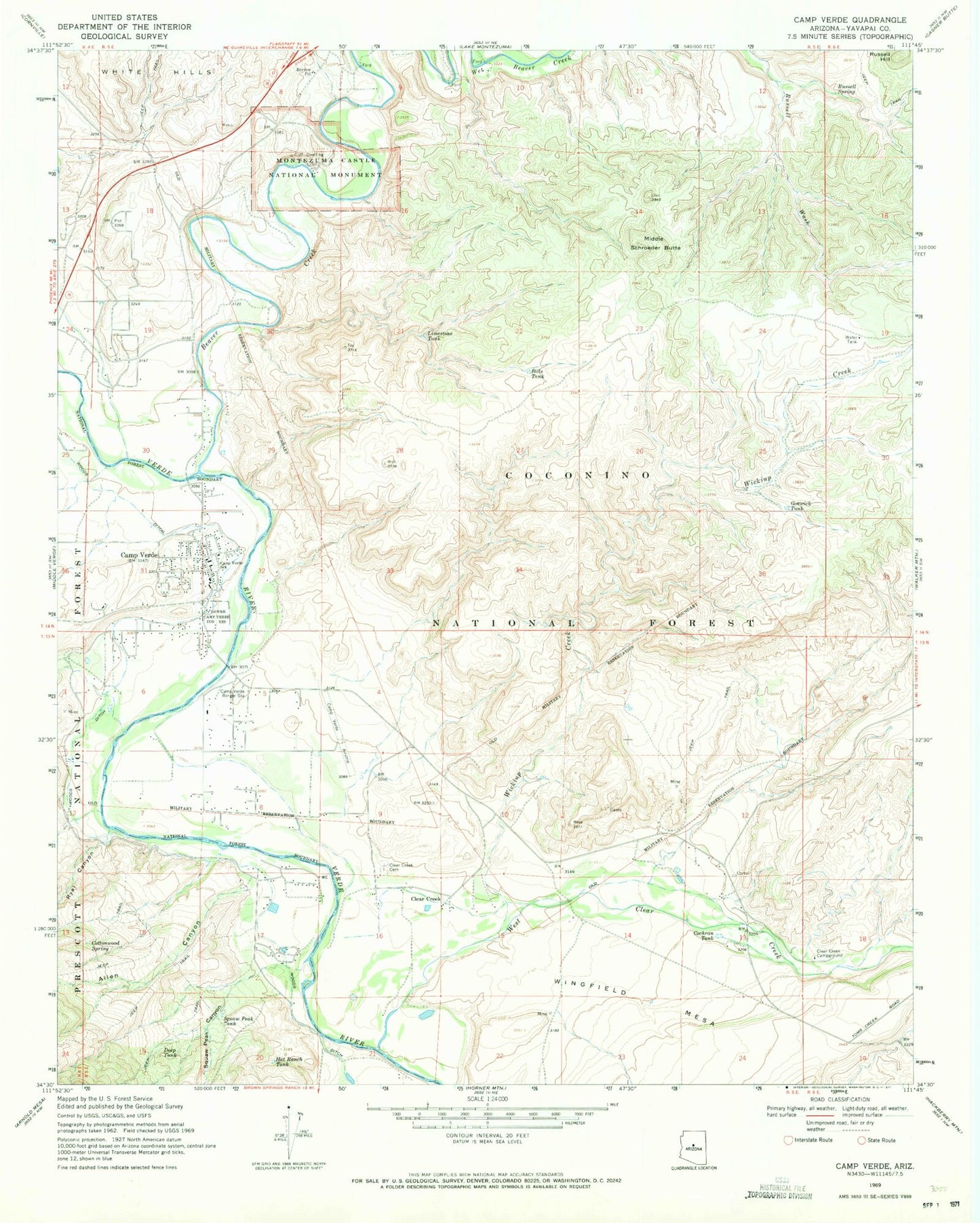 Classic USGS Camp Verde Arizona 7.5'x7.5' Topo Map Image