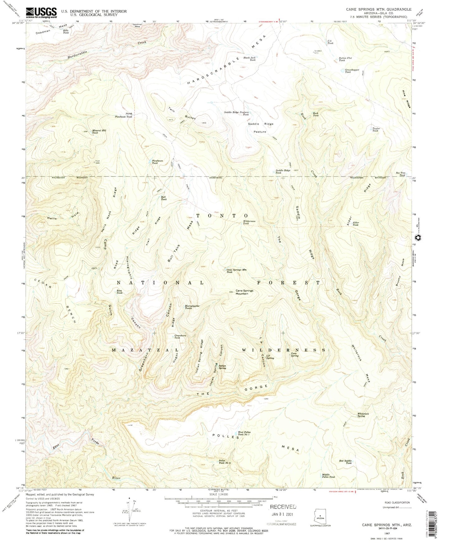 Classic USGS Cane Springs Mountain Arizona 7.5'x7.5' Topo Map Image