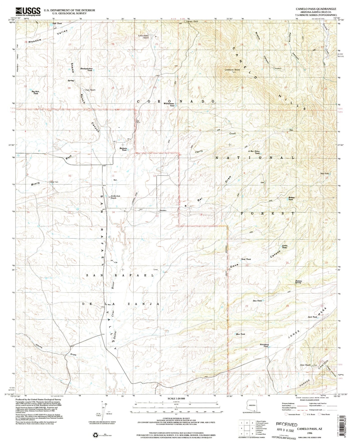 Classic USGS Canelo Pass Arizona 7.5'x7.5' Topo Map Image