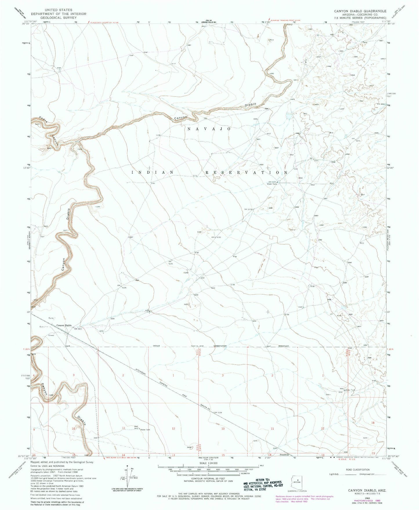 Classic USGS Canyon Diablo Arizona 7.5'x7.5' Topo Map Image