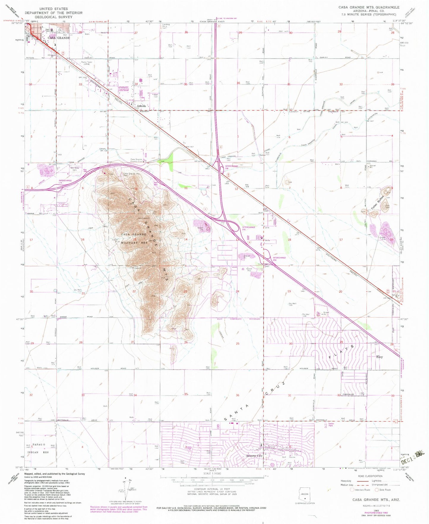 Classic USGS Casa Grande Mountains Arizona 7.5'x7.5' Topo Map Image