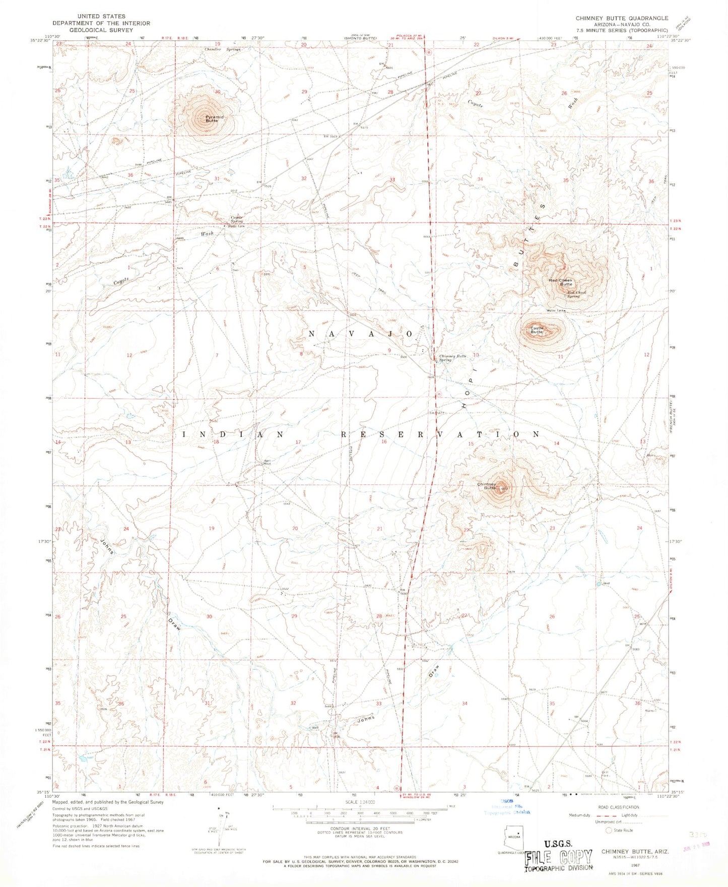 Classic USGS Chimney Butte Arizona 7.5'x7.5' Topo Map Image