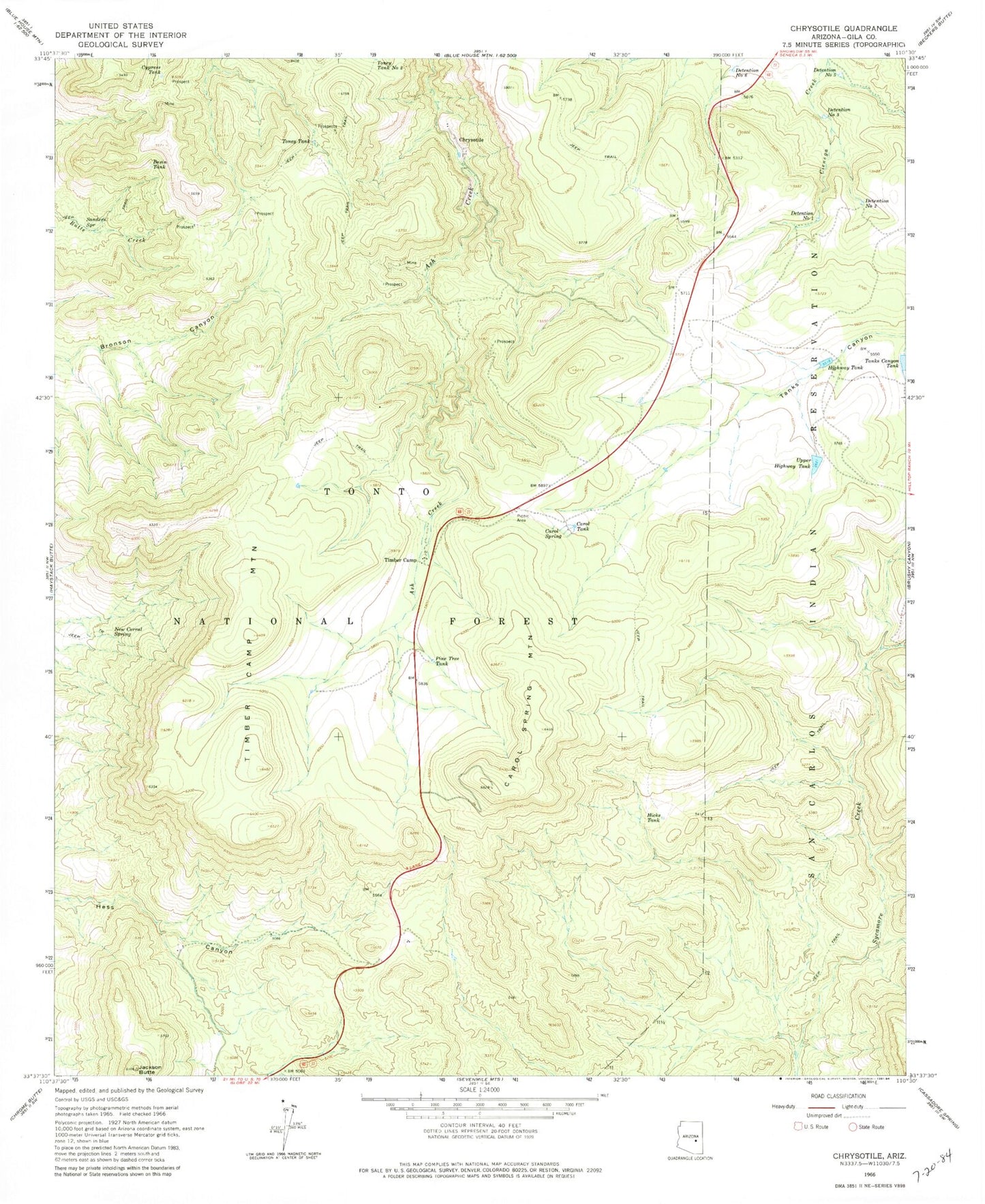 Classic USGS Chrysotile Arizona 7.5'x7.5' Topo Map Image