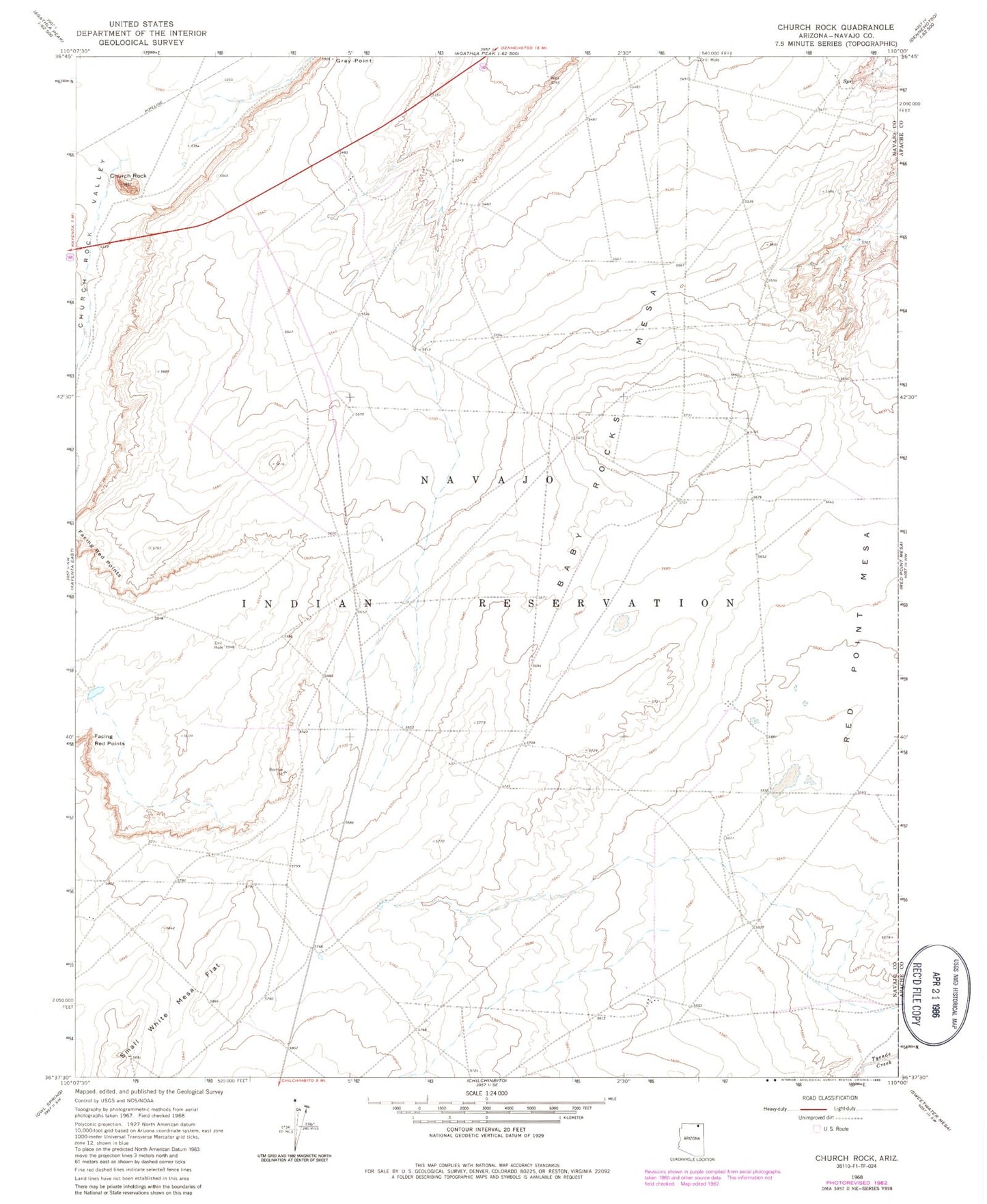 Classic USGS Church Rock Arizona 7.5'x7.5' Topo Map Image
