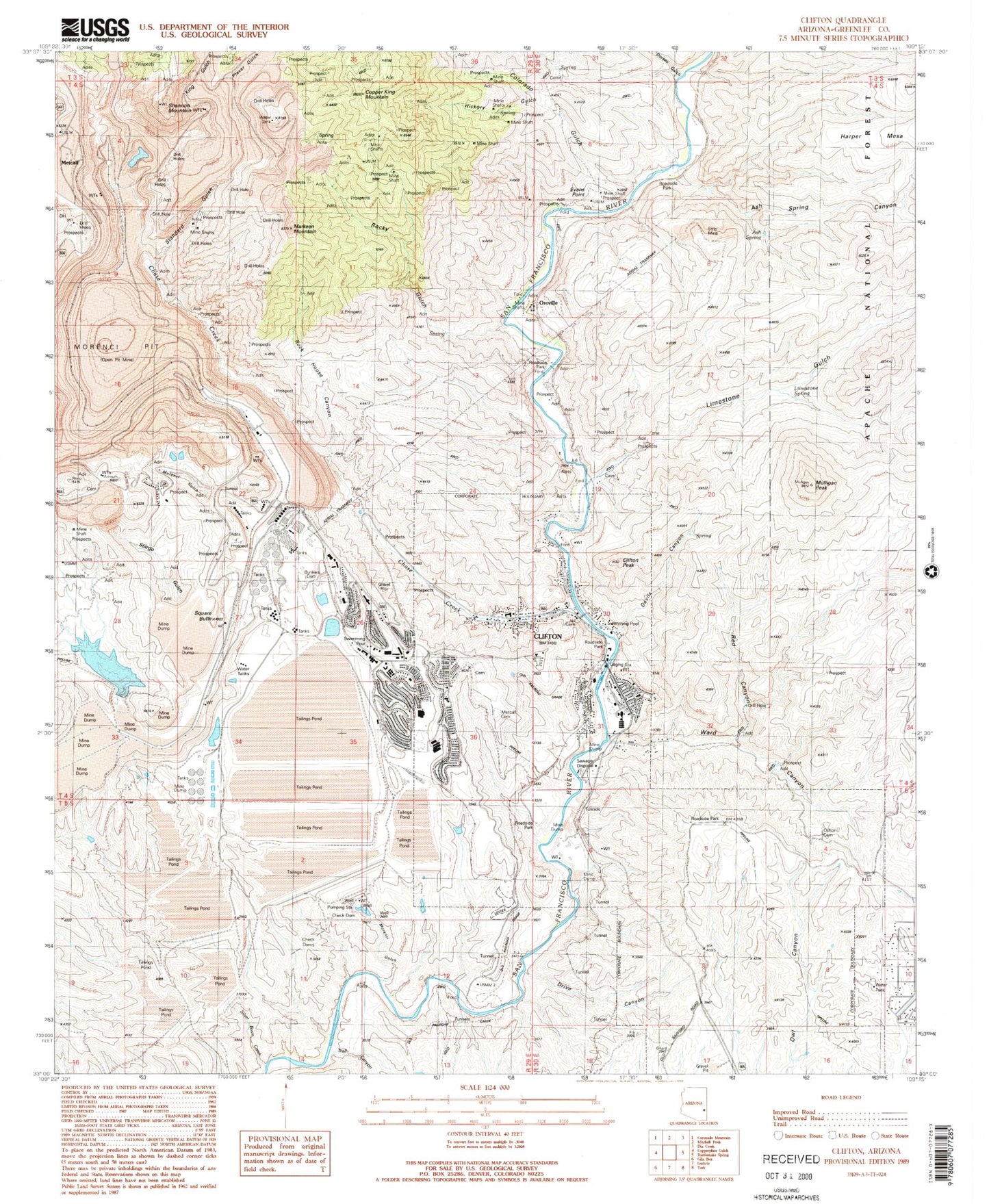Classic USGS Clifton Arizona 7.5'x7.5' Topo Map Image