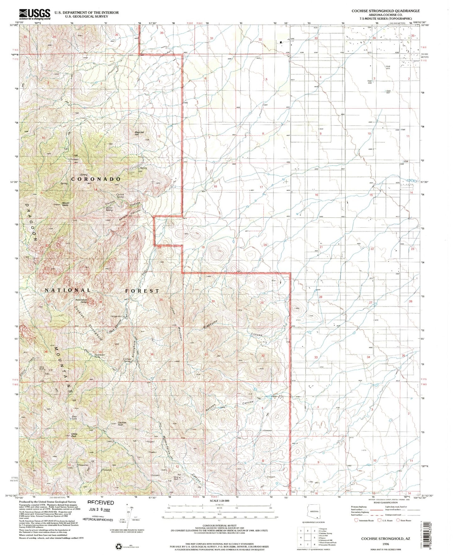Classic USGS Cochise Stronghold Arizona 7.5'x7.5' Topo Map Image