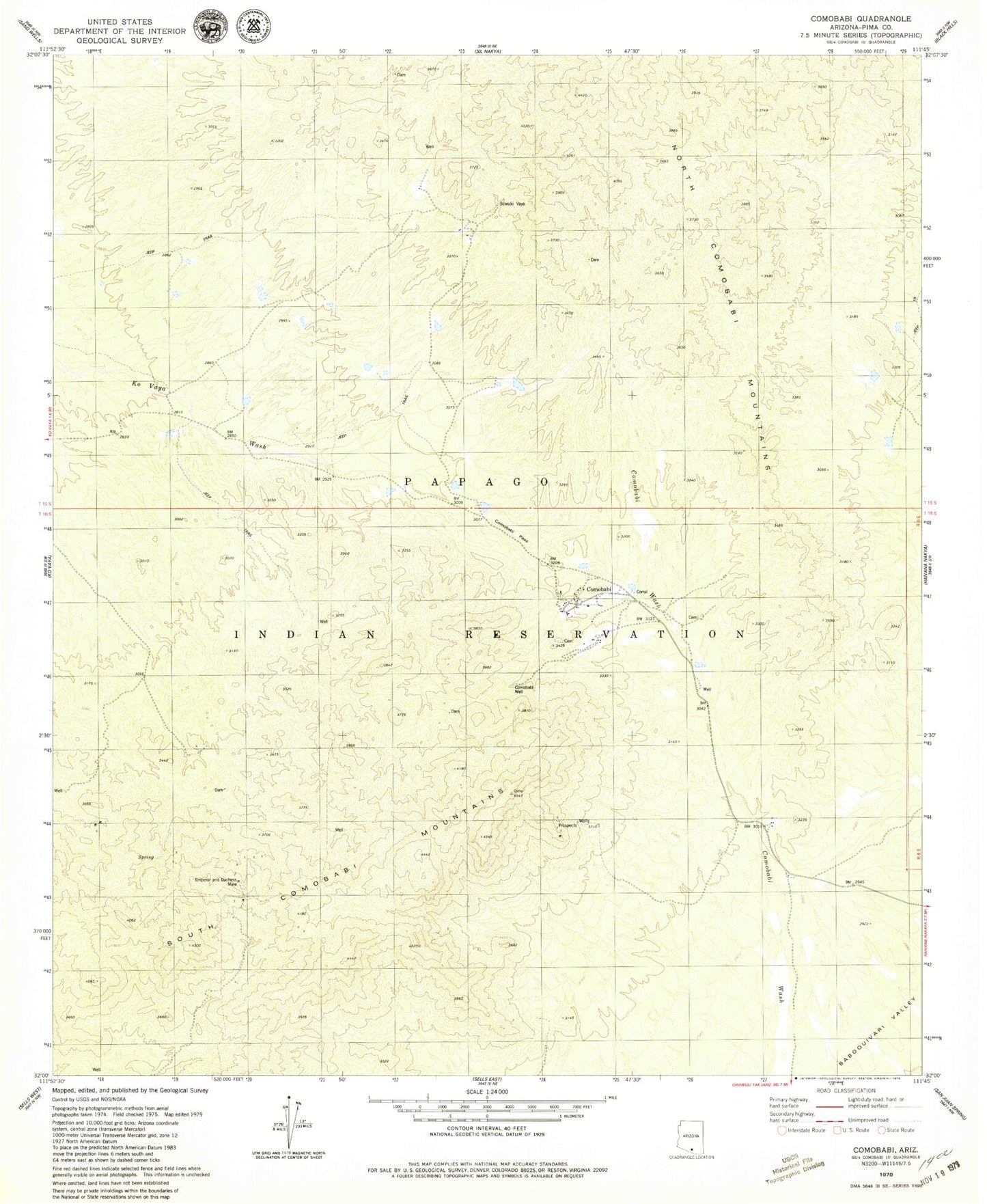 Classic USGS Comobabi Arizona 7.5'x7.5' Topo Map Image