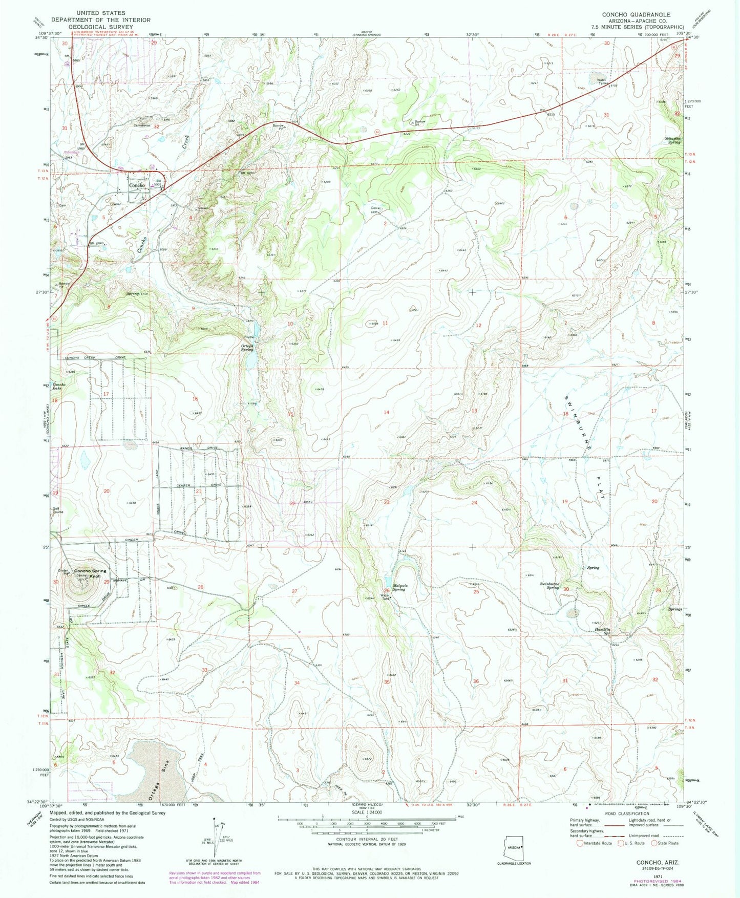 Classic USGS Concho Arizona 7.5'x7.5' Topo Map Image