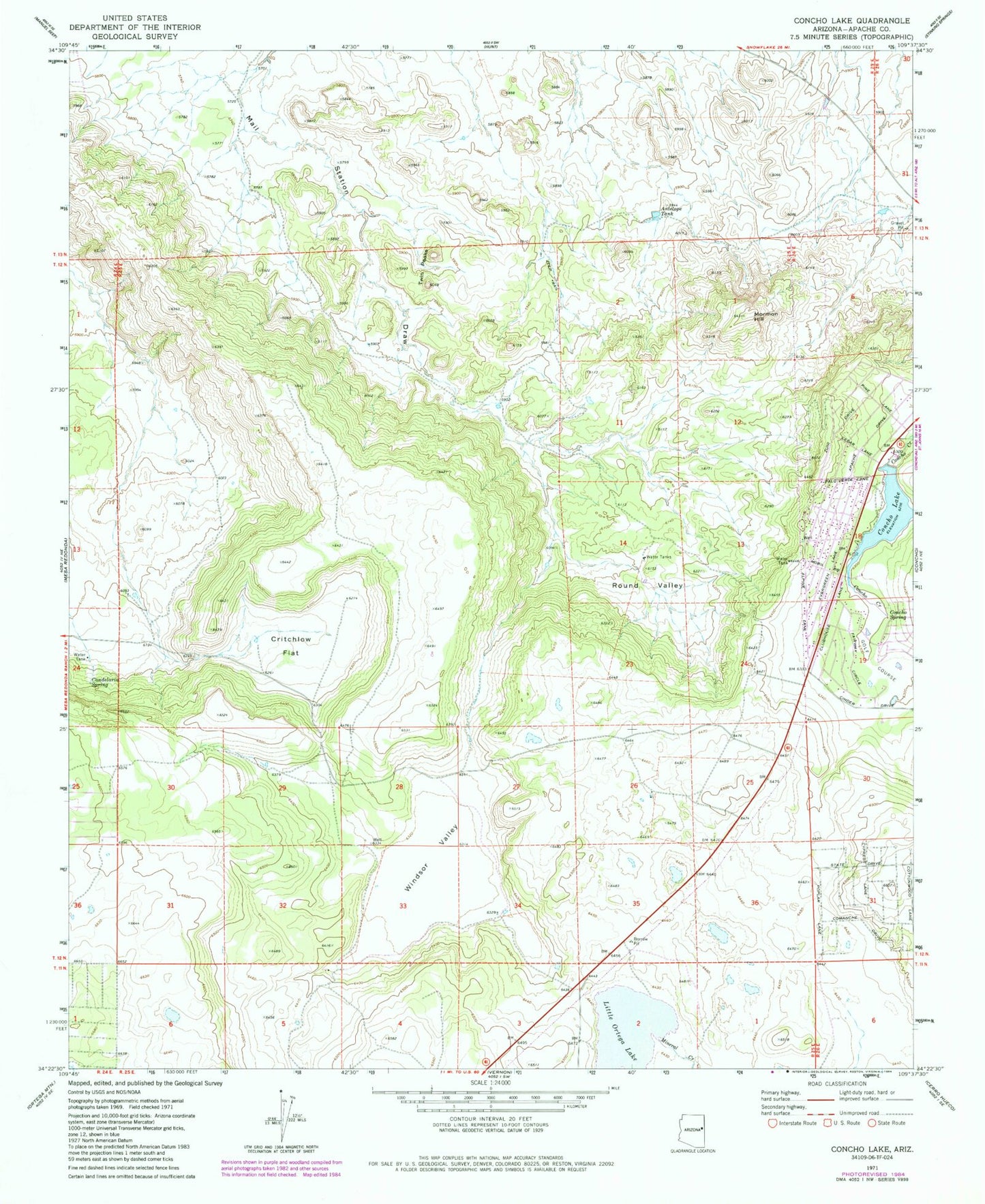 Classic USGS Concho Lake Arizona 7.5'x7.5' Topo Map Image