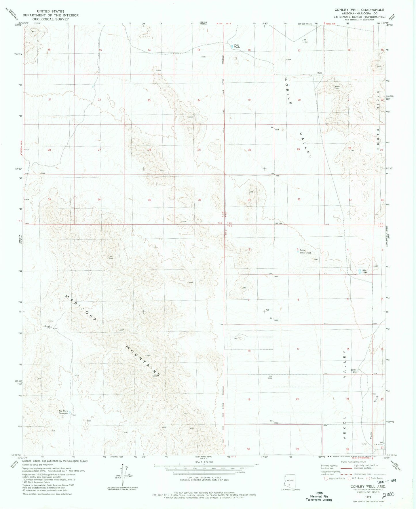 Classic USGS Conley Well Arizona 7.5'x7.5' Topo Map Image
