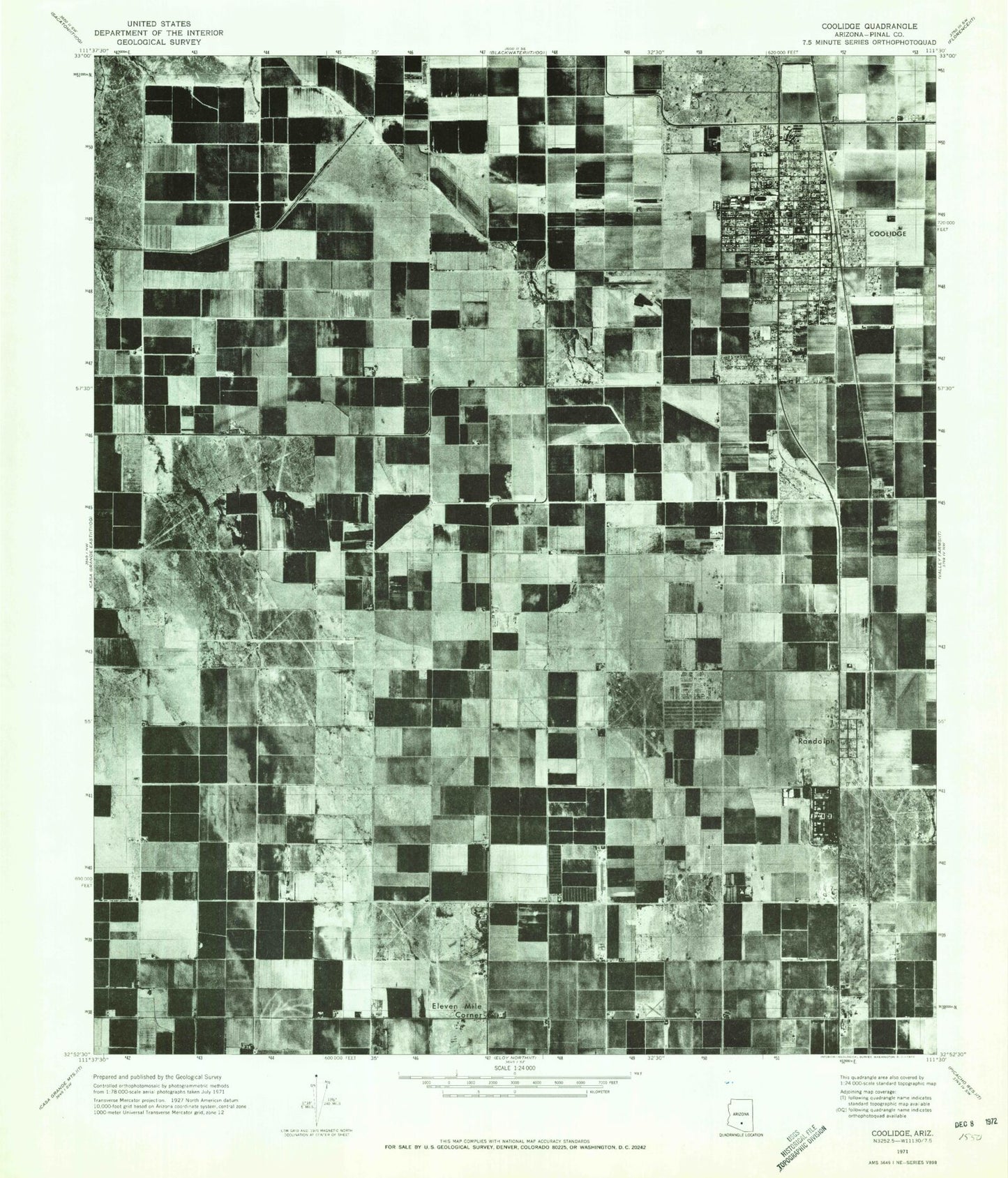 Classic USGS Coolidge Arizona 7.5'x7.5' Topo Map Image