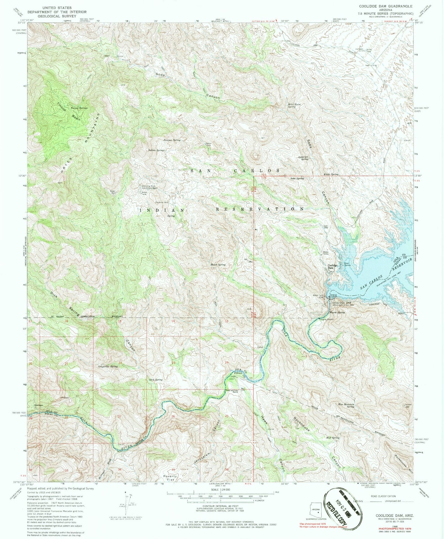 Classic USGS Coolidge Dam Arizona 7.5'x7.5' Topo Map Image