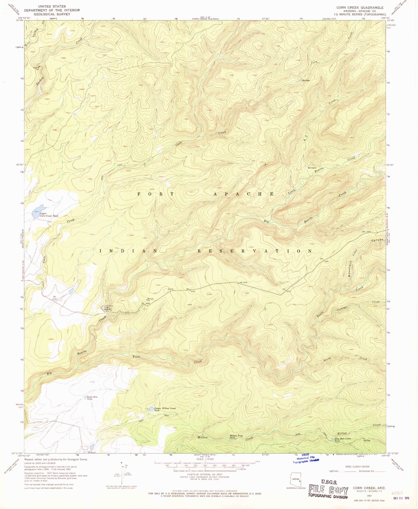 Classic USGS Corn Creek Arizona 7.5'x7.5' Topo Map Image