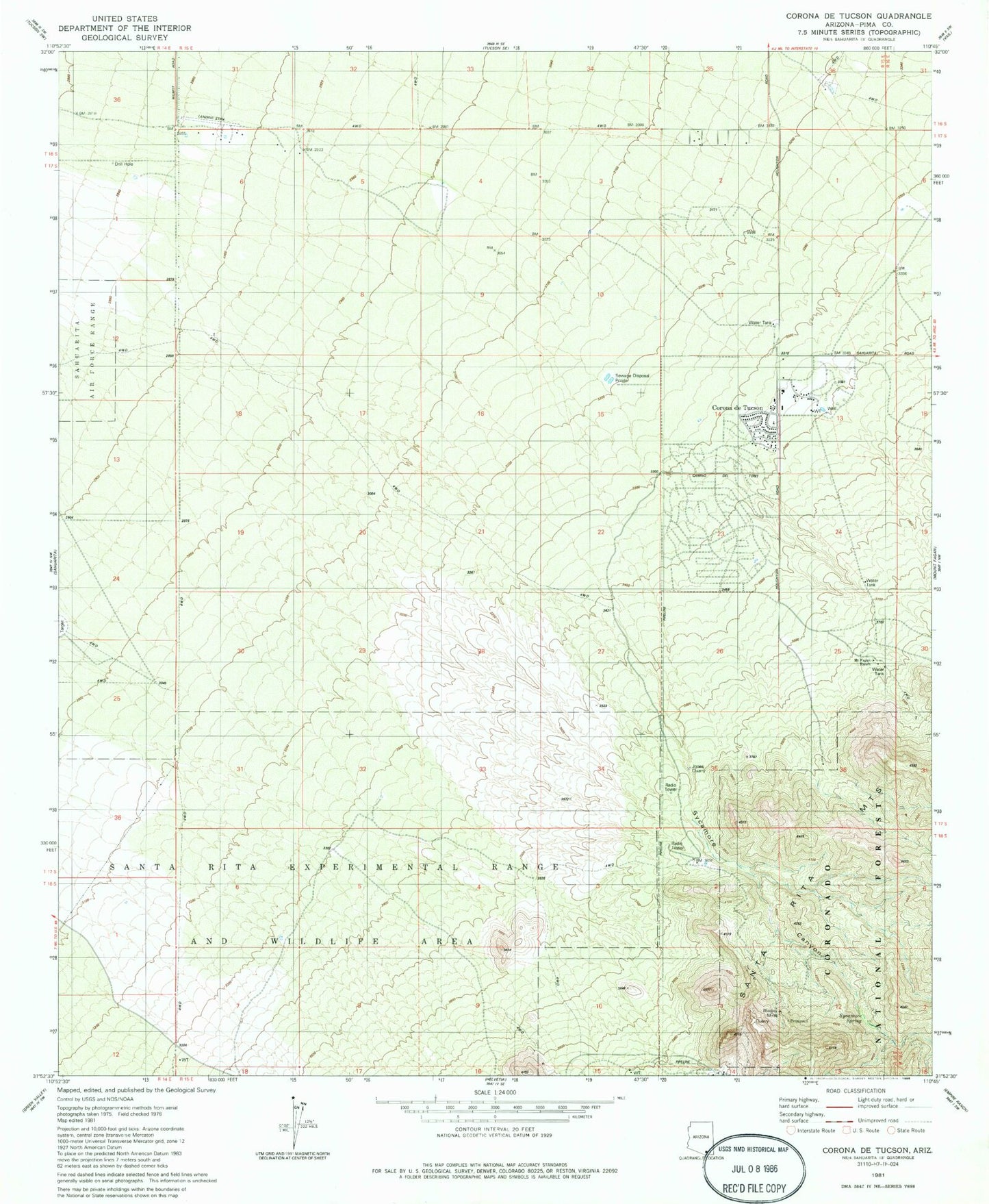 Classic USGS Corona De Tucson Arizona 7.5'x7.5' Topo Map Image