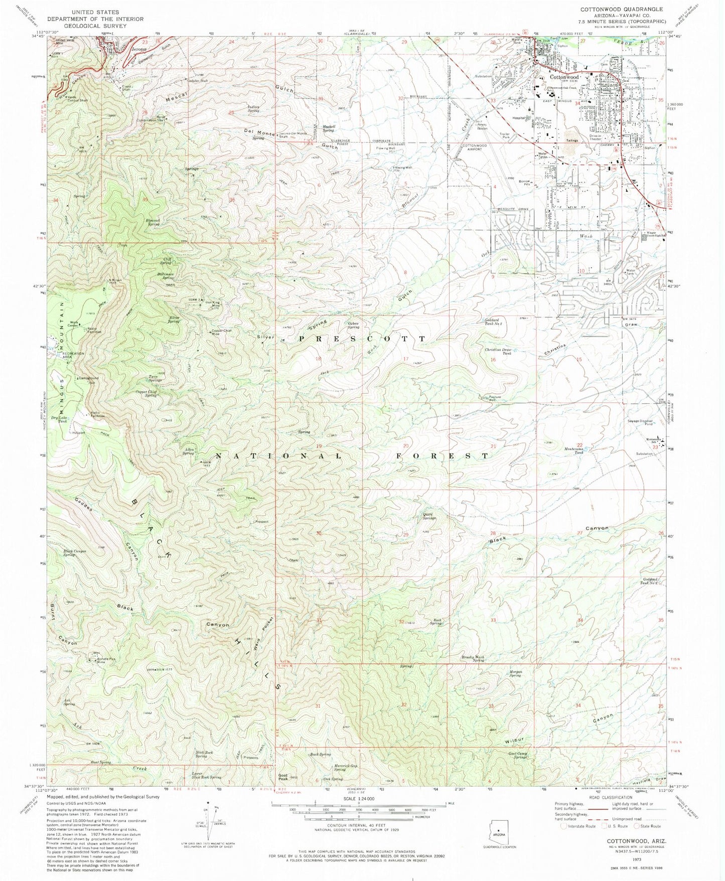 Classic USGS Cottonwood Arizona 7.5'x7.5' Topo Map Image
