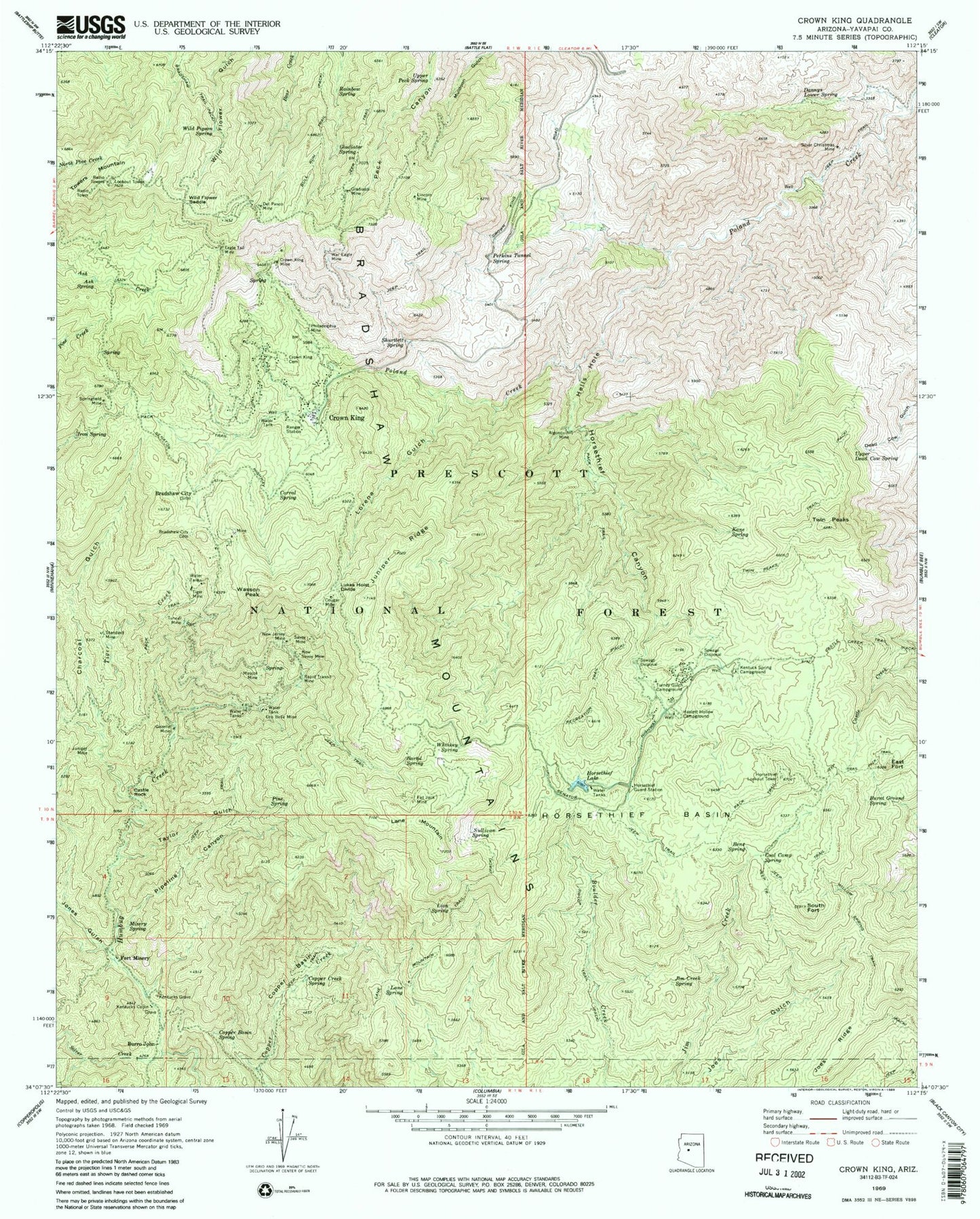 Classic USGS Crown King Arizona 7.5'x7.5' Topo Map Image