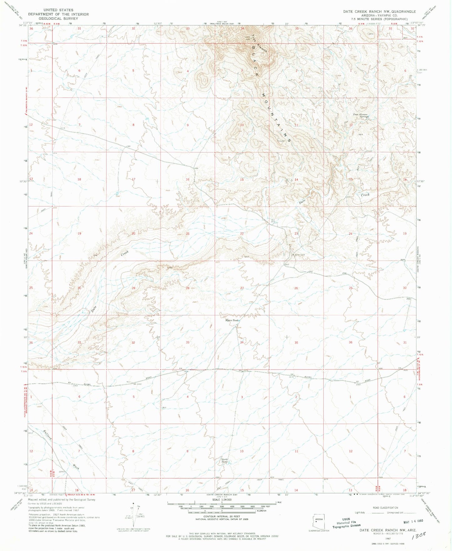 Classic USGS Date Creek Ranch NW Arizona 7.5'x7.5' Topo Map Image