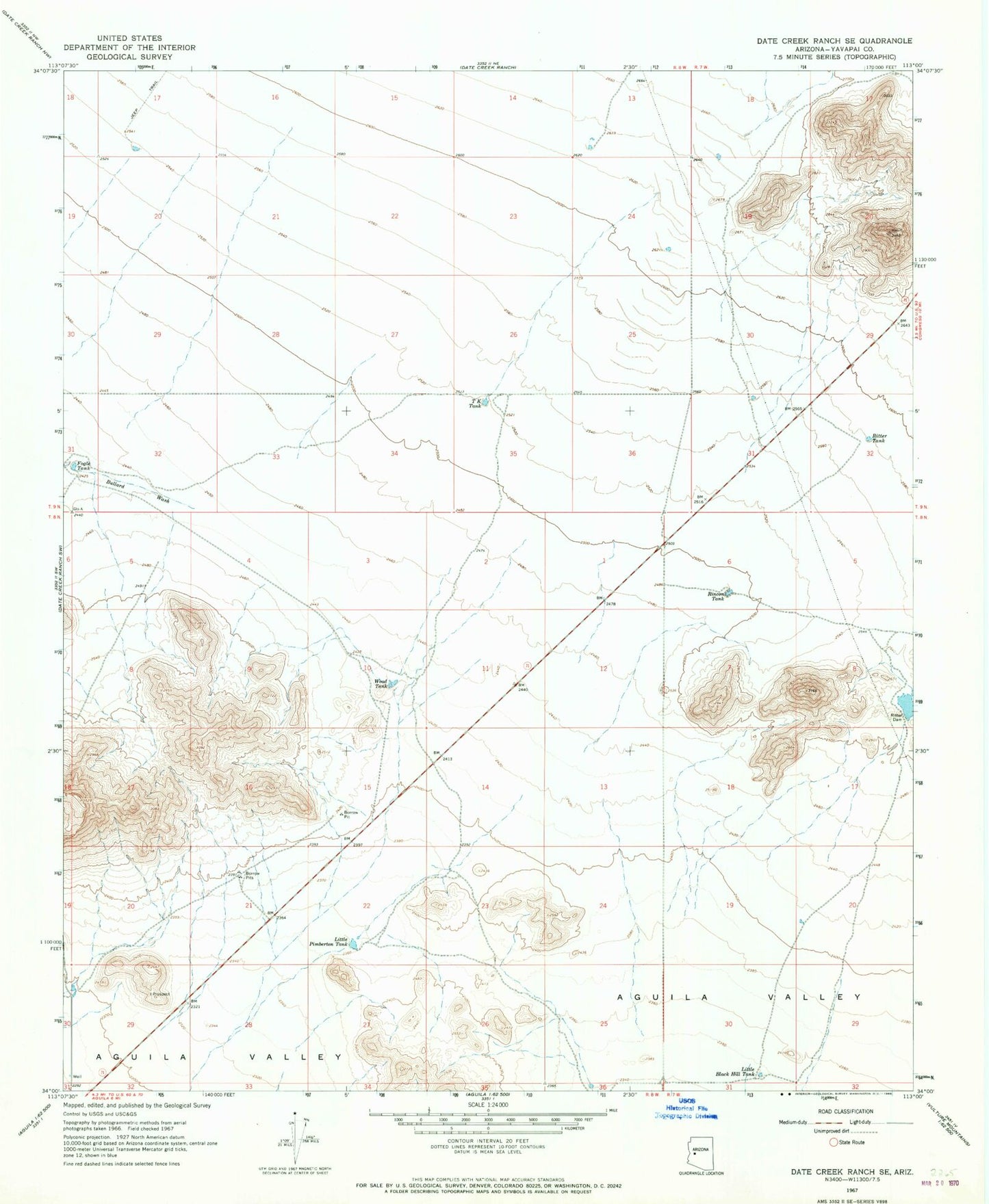 Classic USGS Date Creek Ranch SE Arizona 7.5'x7.5' Topo Map Image