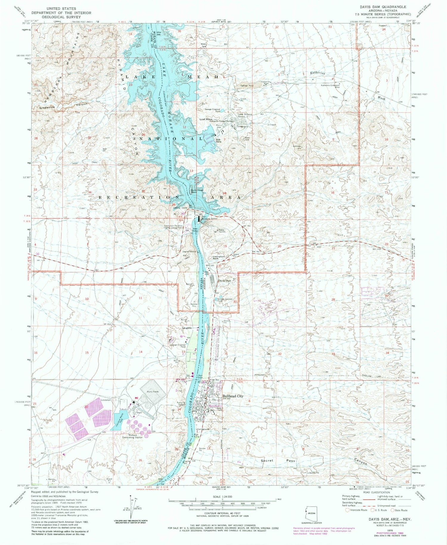 Classic USGS Davis Dam Arizona 7.5'x7.5' Topo Map Image